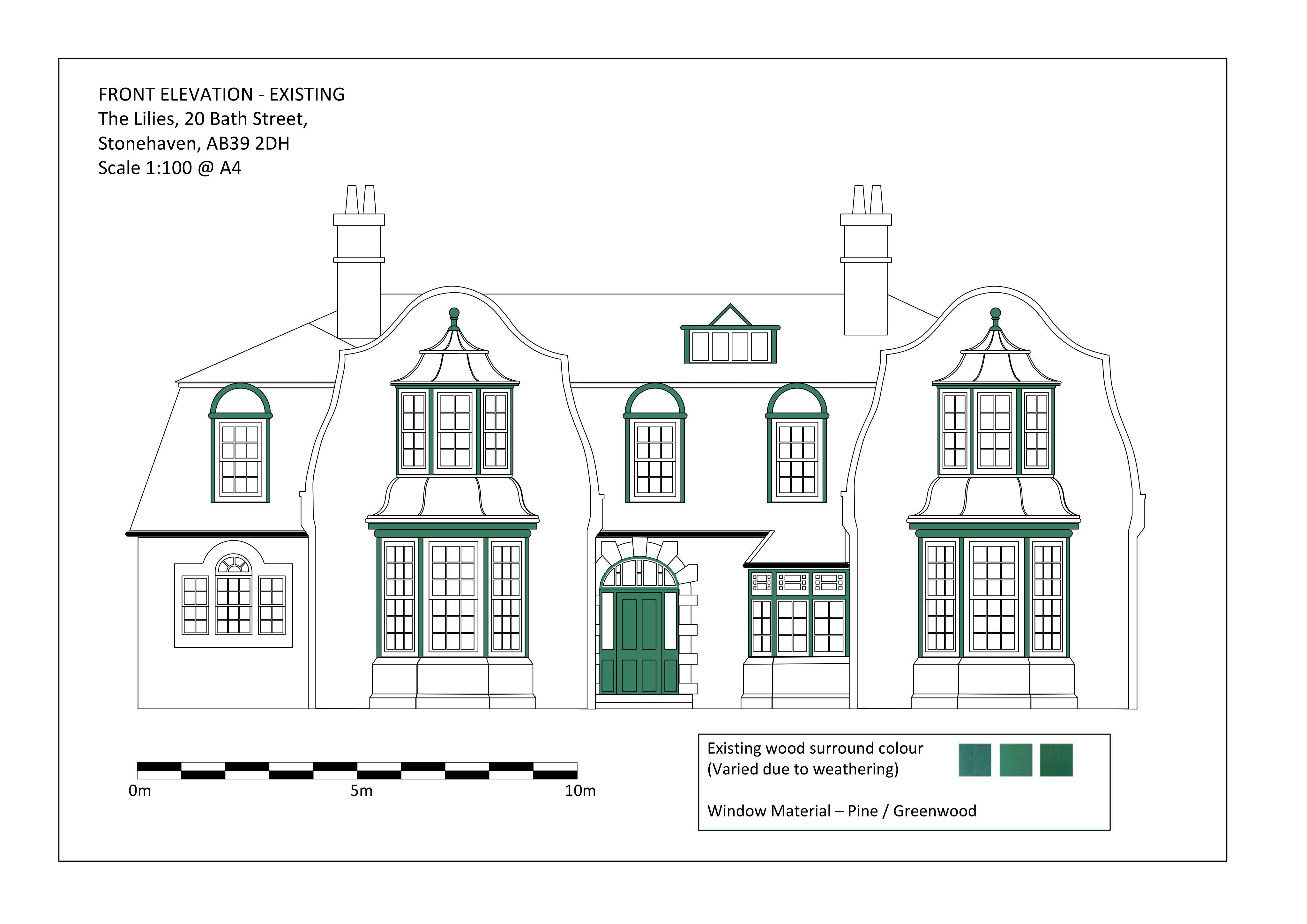Planning document preview for application APP/2026/1567, at The Lilies 20 Bath Street Stonehaven AB39 2DH, showing EXISTING FRONT ELEVATIONS, page 1