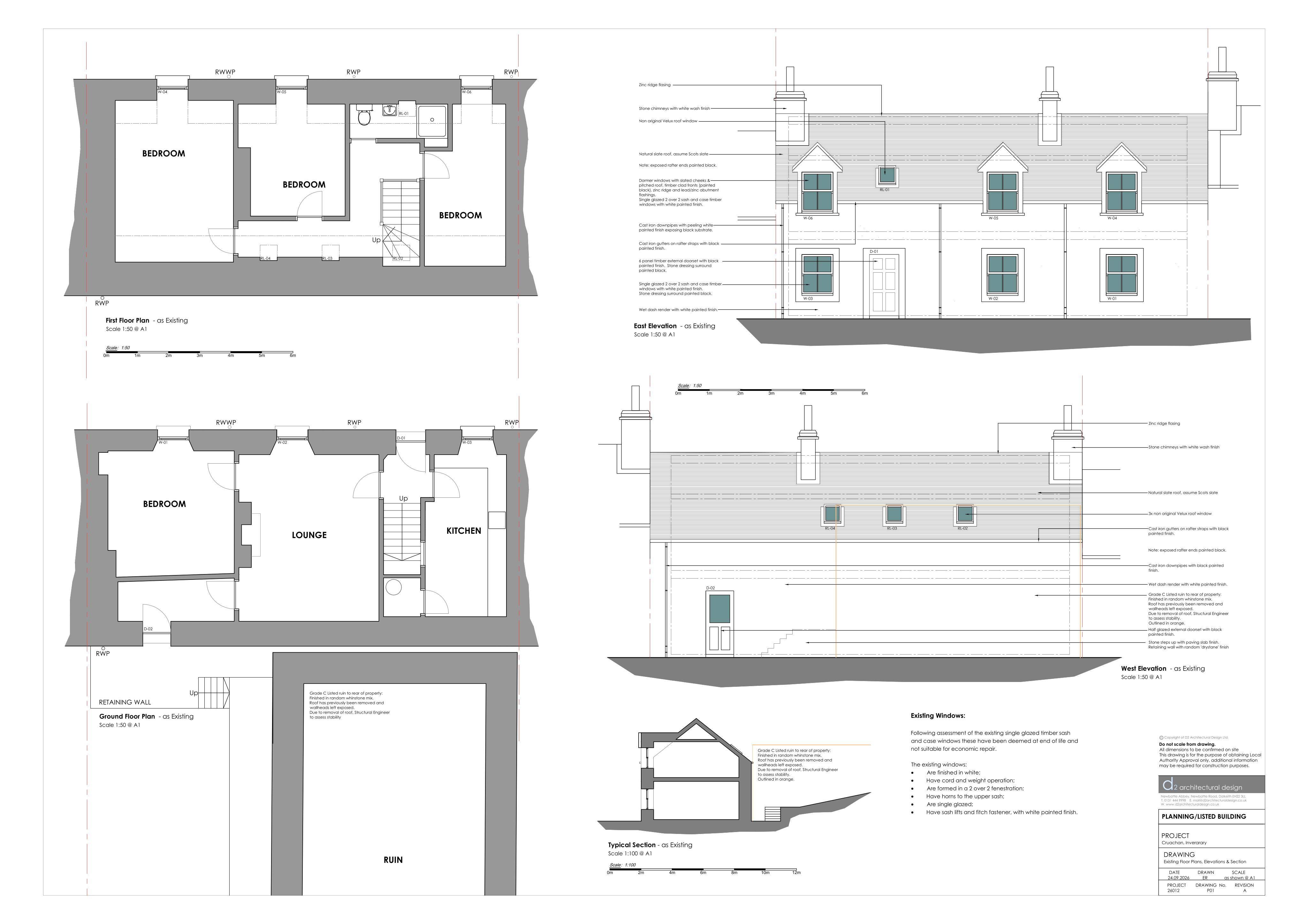Planning document preview for application 26/01756/LIB, at Cruachan Inveraray Argyll And Bute PA32 8UH, showing Plans - Combination - Existing Floor Plans, Elevations and Section, page 1
