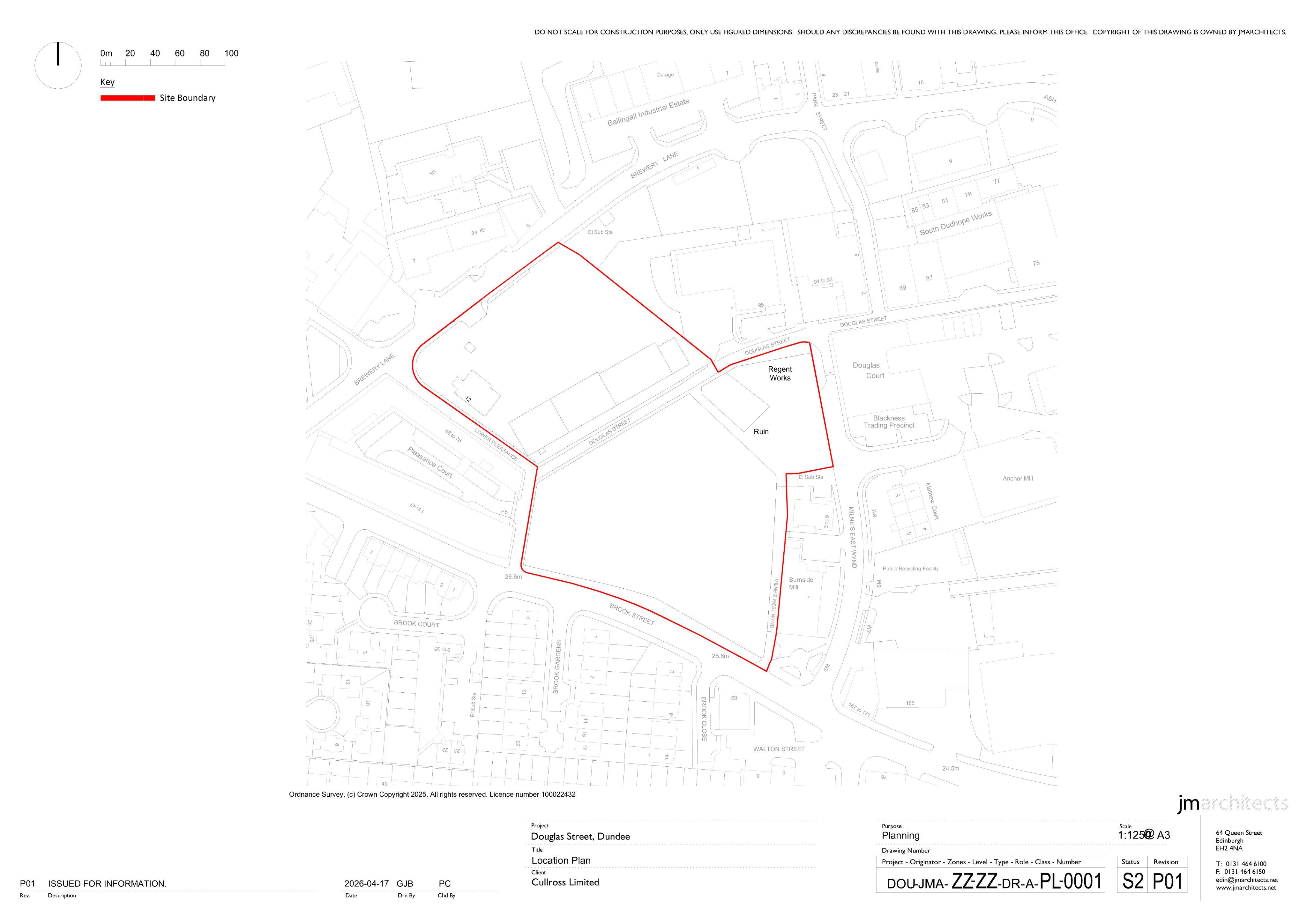 Planning document preview for application 26/00310/PAN, at Factory Queen Victoria Works 203 Brook Street Dundee DD1 5QH, showing 01 - LOCATION PLAN, page 1