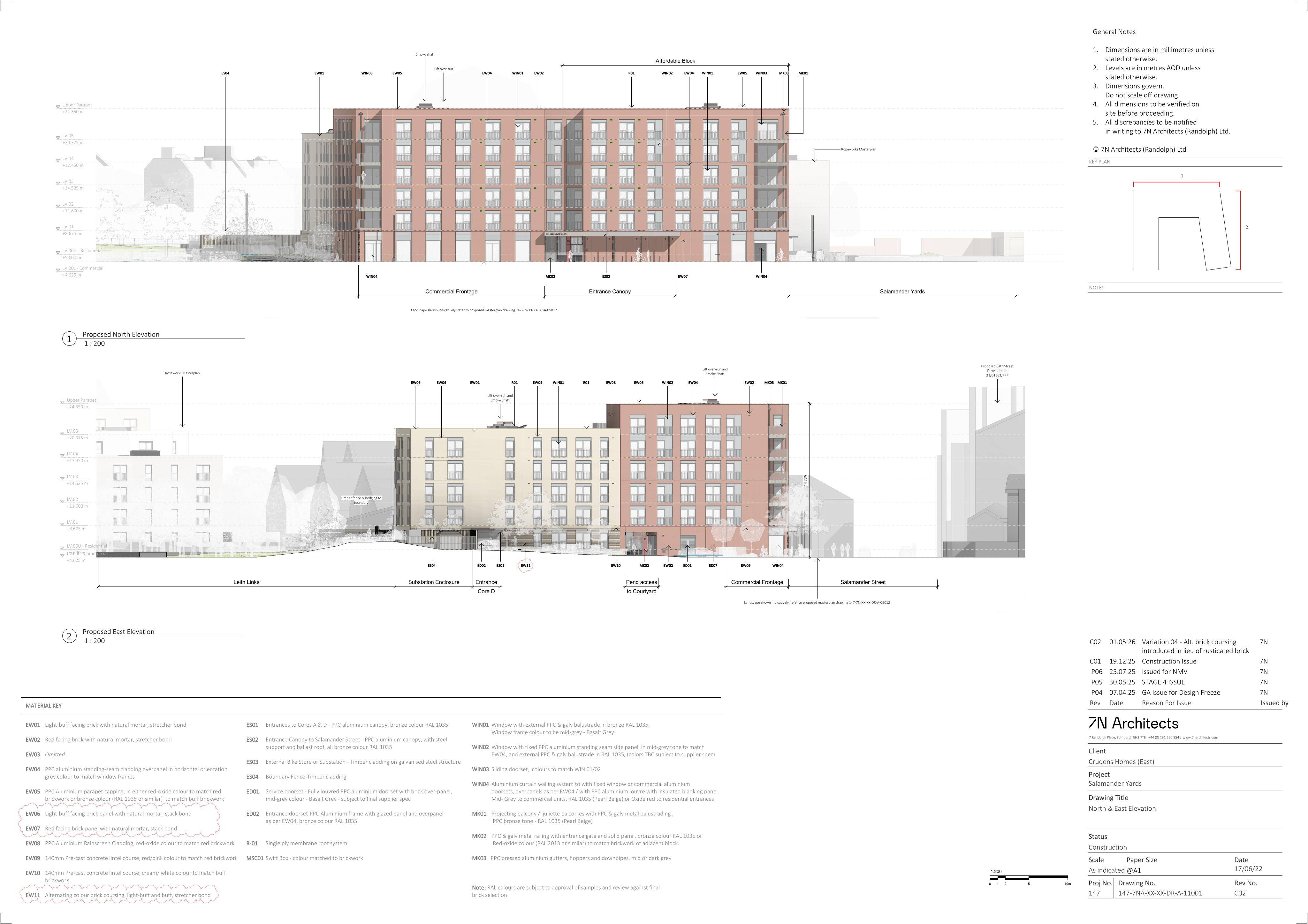Planning document preview for application 22/03430/VAR2, at 124 Salamander Street, 1 - 3 Salamander Yards Edinburgh, showing 13B-NORTH + EAST ELEVATION, page 1