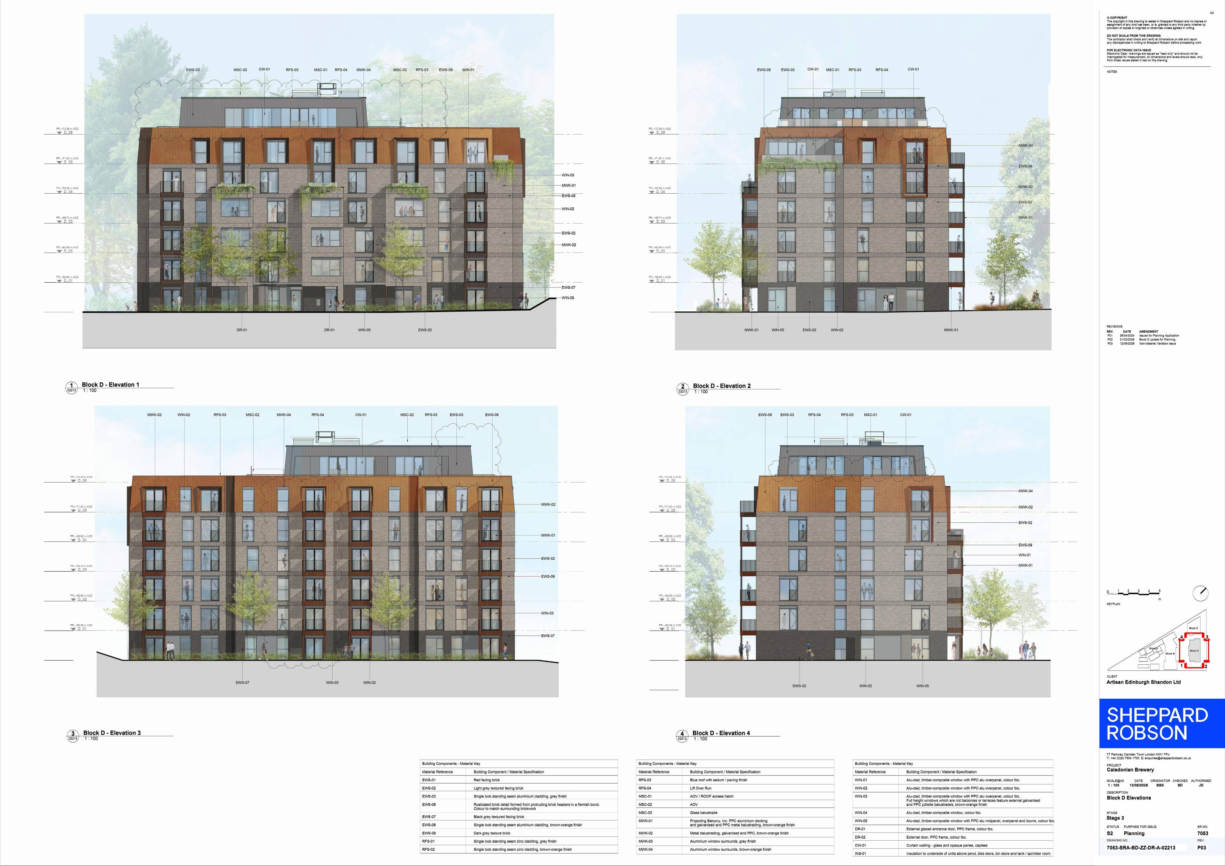 Planning document preview for application 24/02048/VARY, at Caledonian Brewery 40 Slateford Road Edinburgh EH11 1PH, showing 55B-BLOCK D ELEVATIONS, page 1