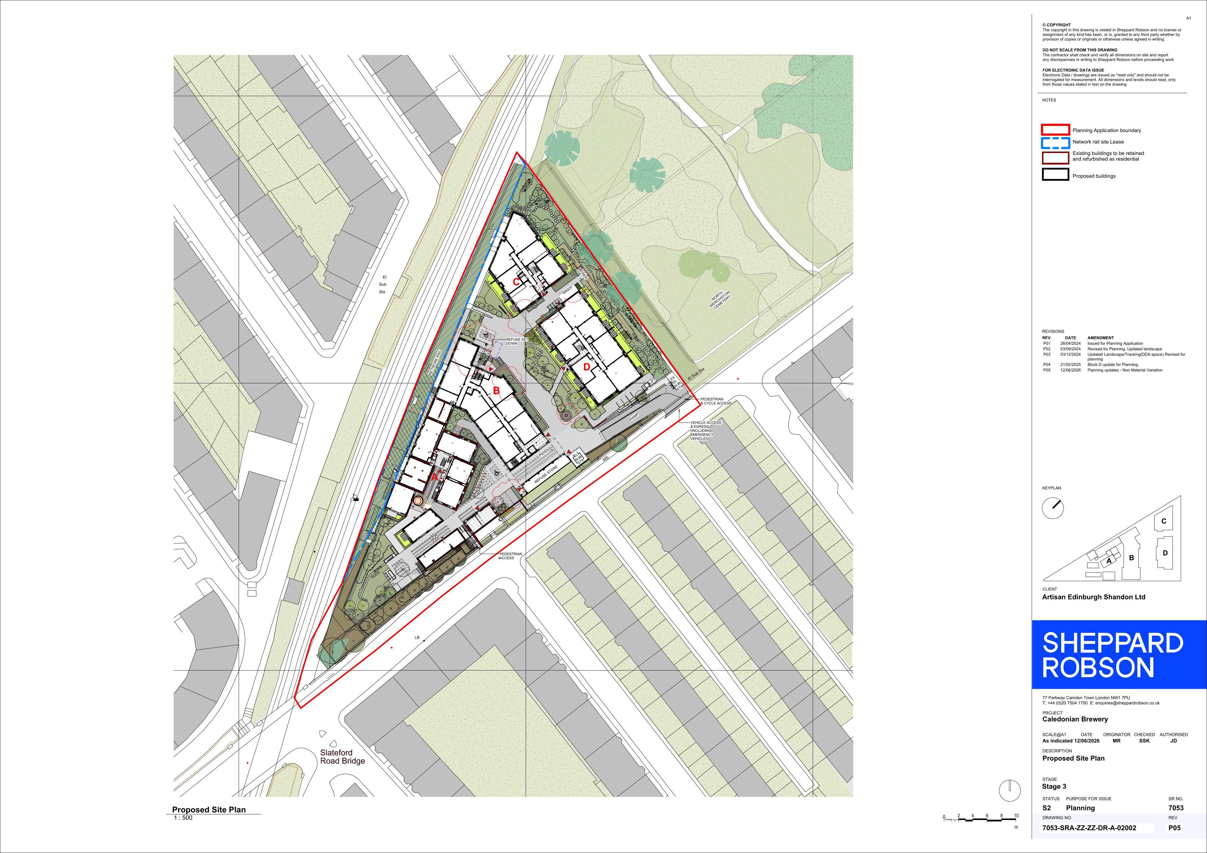 Planning document preview for application 24/02048/VARY, at Caledonian Brewery 40 Slateford Road Edinburgh EH11 1PH, showing 04C-PROPOSED SITE PLAN, page 1
