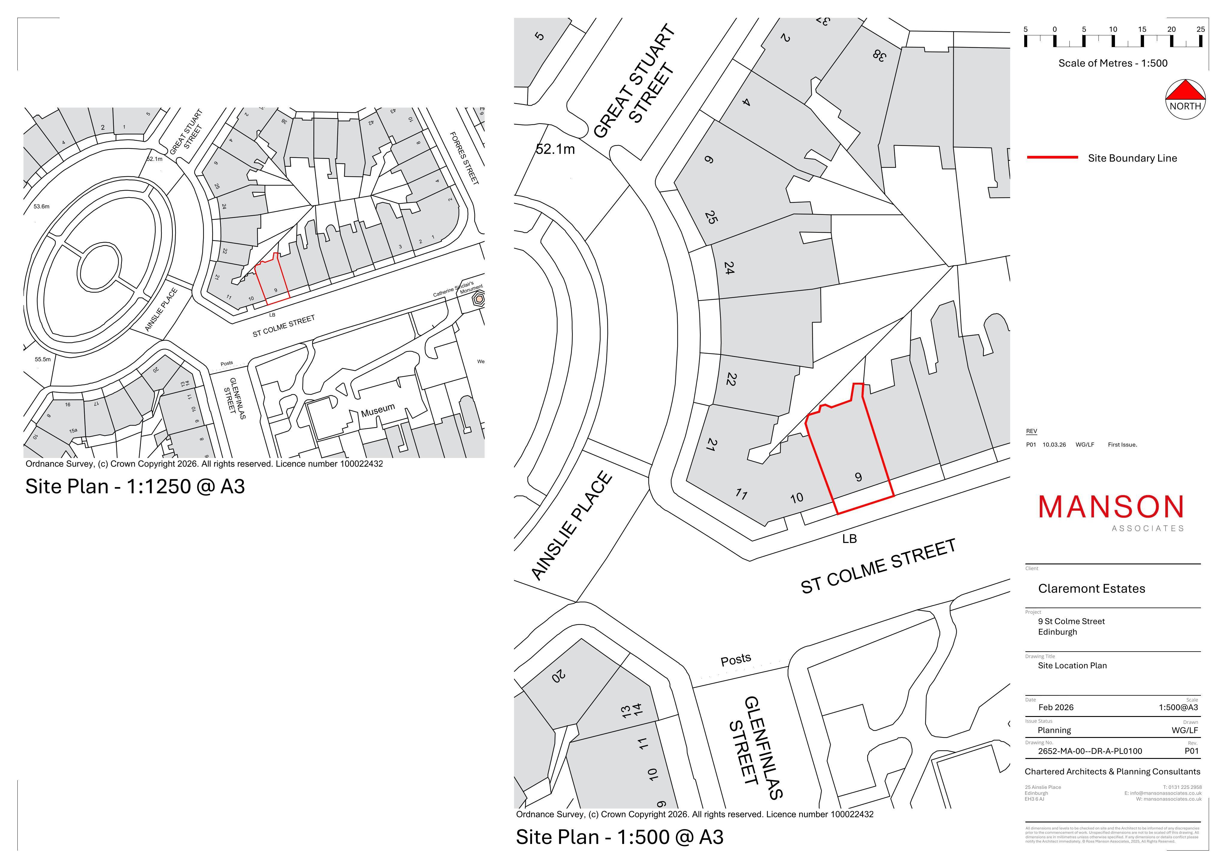 Planning document preview for application 26/01515/FUL, at 9 St Colme Street Edinburgh EH3 6AA, showing (01) LOCATION PLAN, page 1