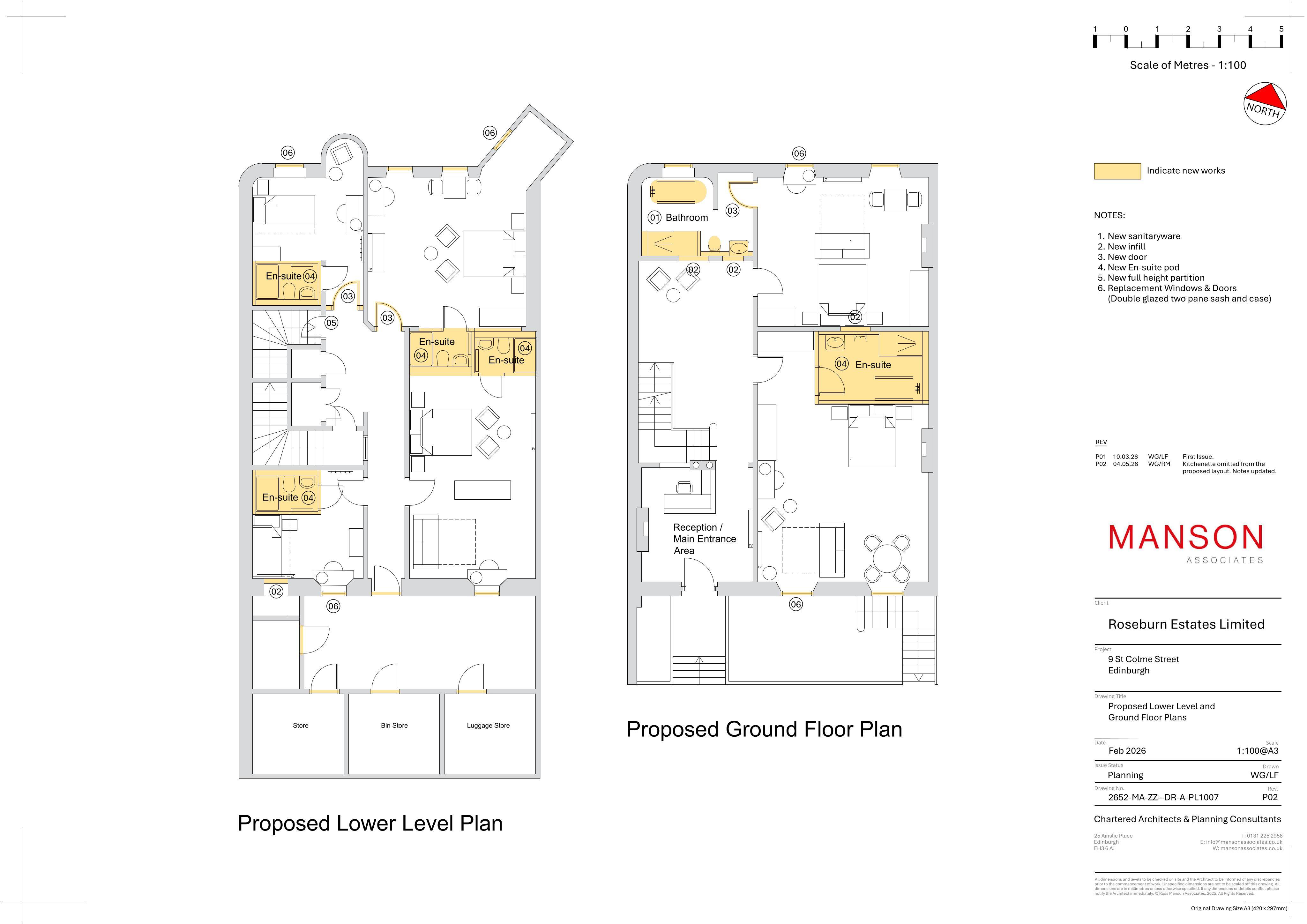 Planning document preview for application 26/01516/LBC, at 9 St Colme Street New Town Edinburgh, showing (09) PROPOSED LOWER LEVEL AND GROUND FLOOR PLAN, page 1