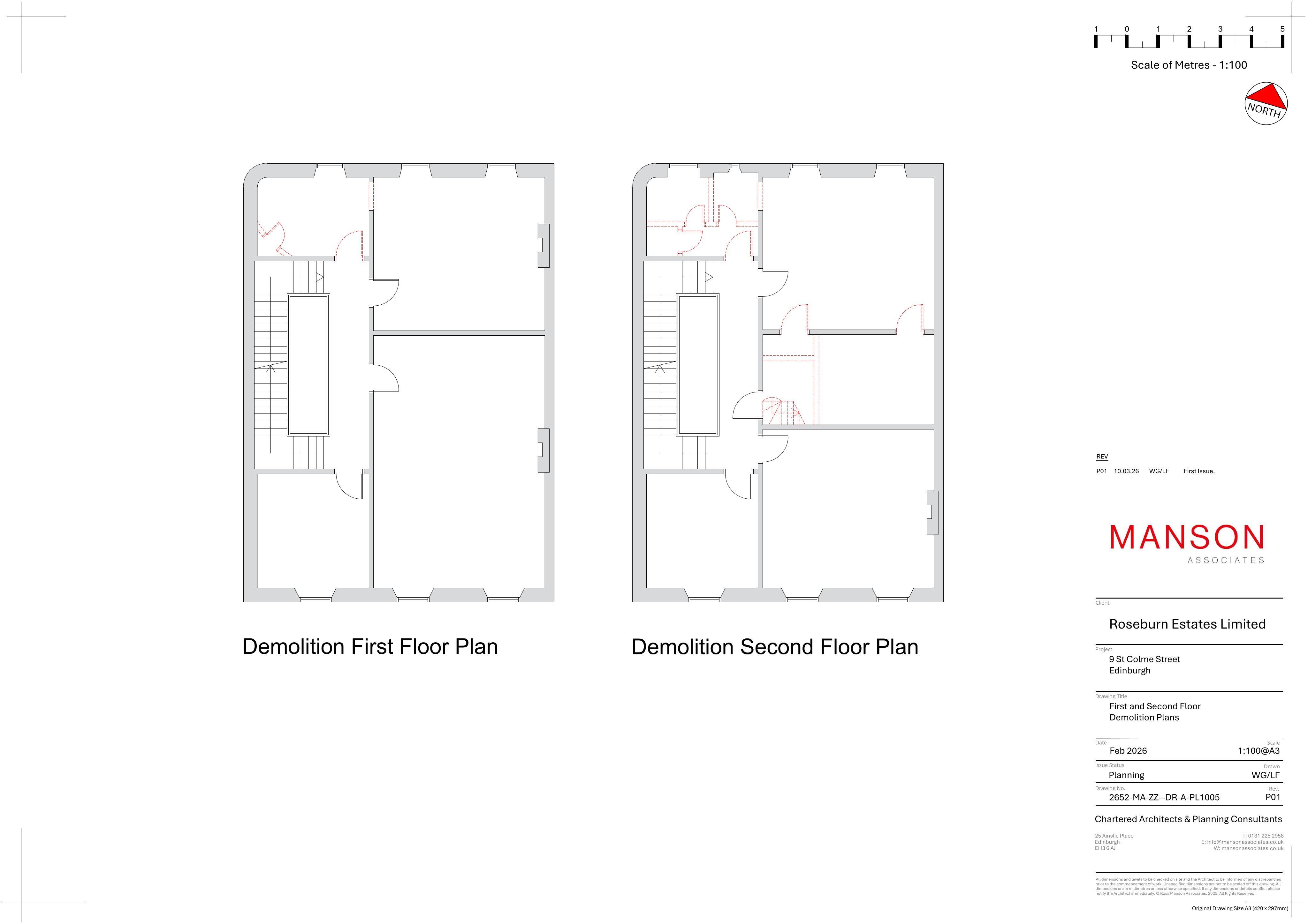 Planning document preview for application 26/01516/LBC, at 9 St Colme Street New Town Edinburgh, showing (07) FIRST AND SECOND FLOOR DEMOLITION PLANS, page 1