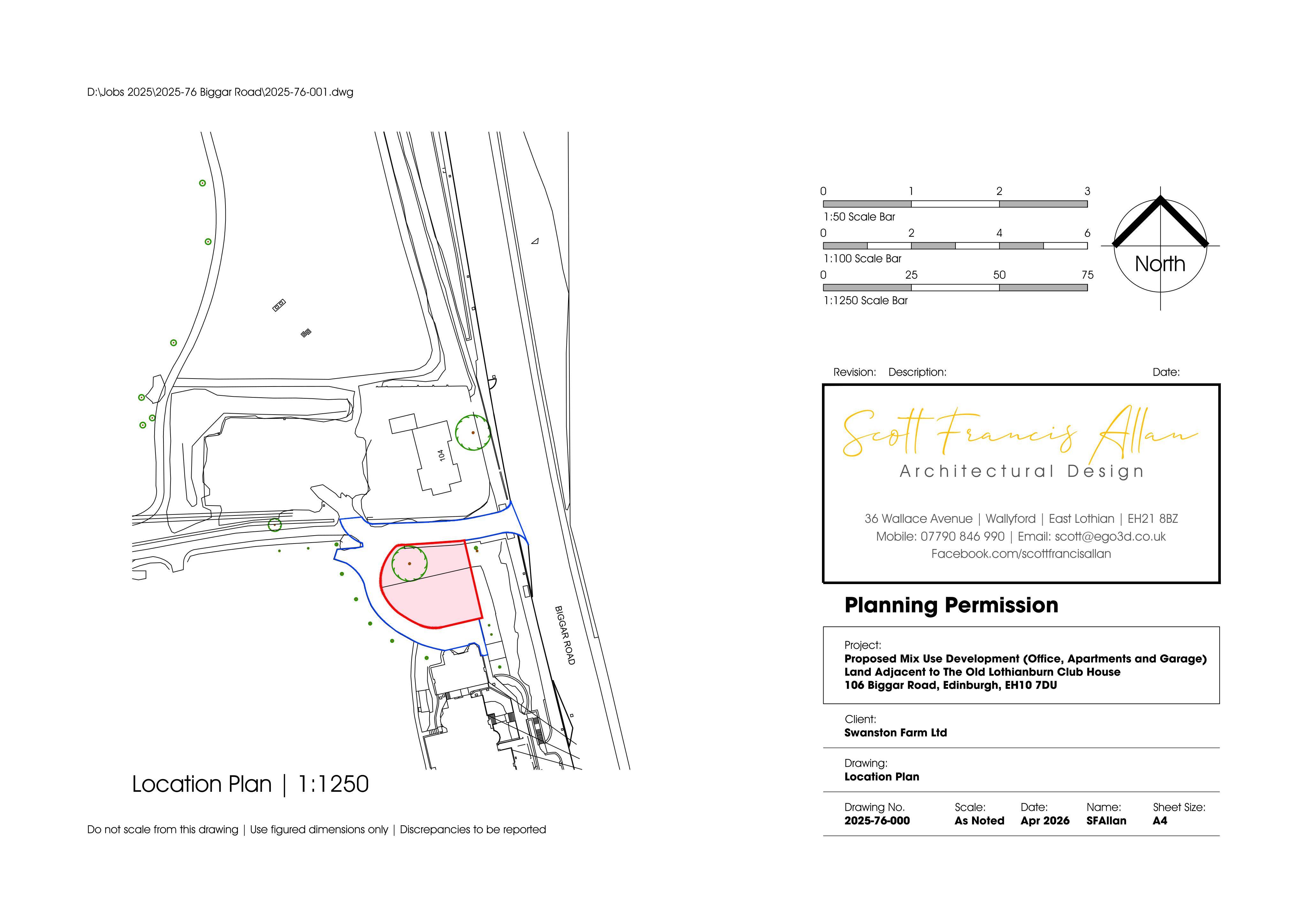 Planning document preview for application 26/01575/FUL, at Land 20 Metres North Of 106A Biggar Road Swanston Edinburgh, showing 01-LOCATION PLAN, page 1