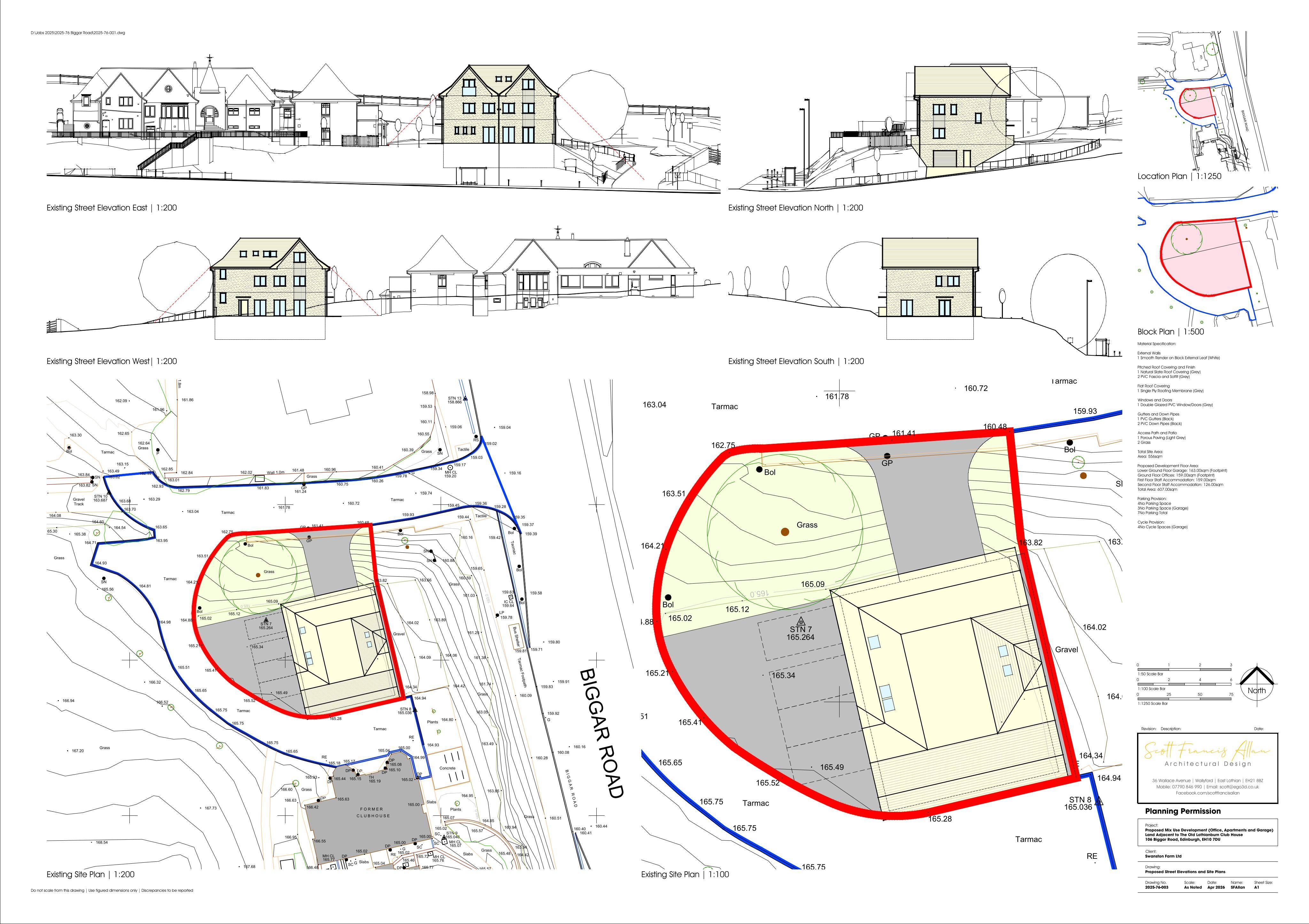Planning document preview for application 26/01575/FUL, at Land 20 Metres North Of 106A Biggar Road Swanston Edinburgh, showing 04-PROPOSED STREET ELEVATIONS AND SITE PLANS, page 1