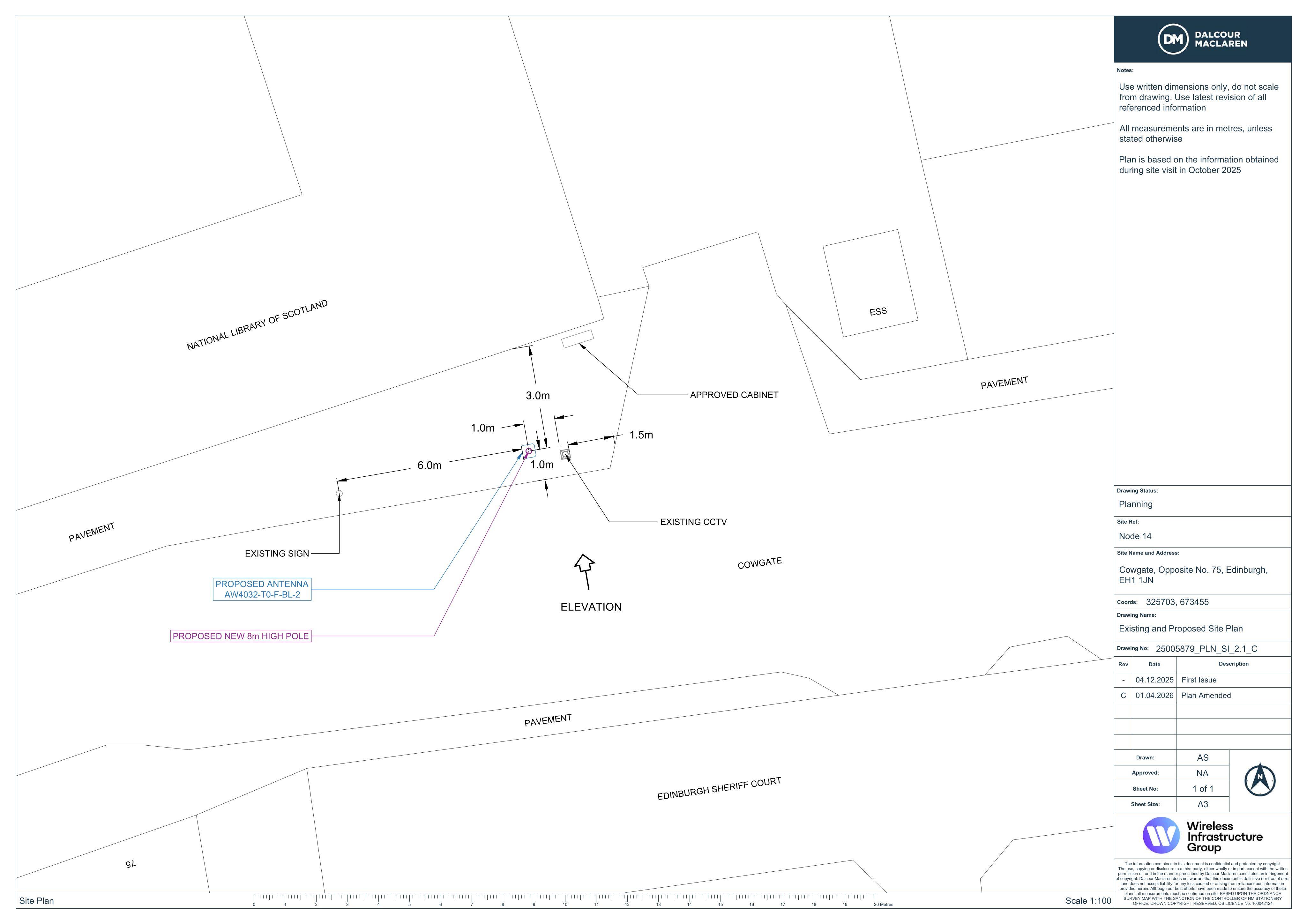 Planning document preview for application 26/01588/PATEL, at Proposed Telecoms Apparatus 15 Metres South Of 92 Cowgate Old Town Edinburgh, showing 02 - EXISTING + PROPOSED SITE PLAN, page 1