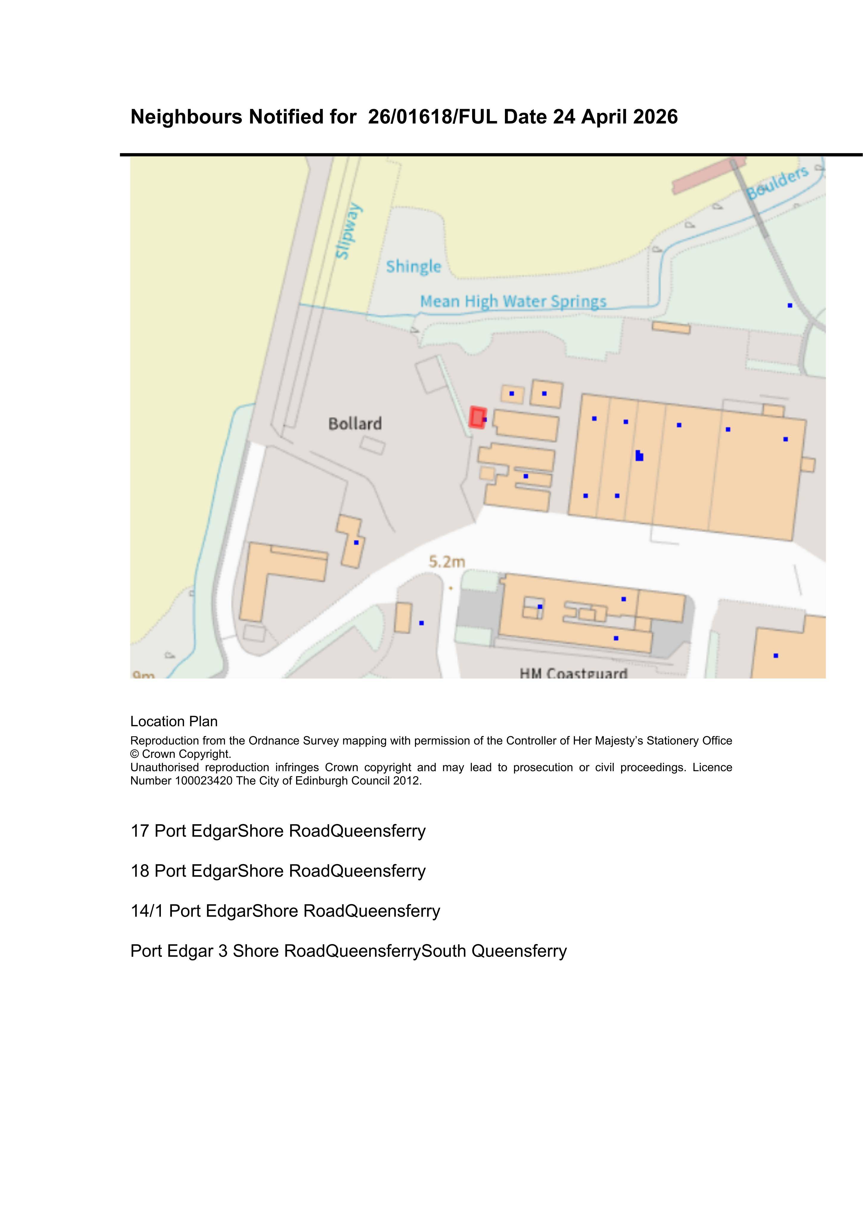 Planning document preview for application 26/01618/FUL, at Land 10 Metres South West Of 17 Shore Road Queensferry South Queensferry, showing NEIGHLIST09 - NEIGHBOURS NOTIFIED LIST, page 1
