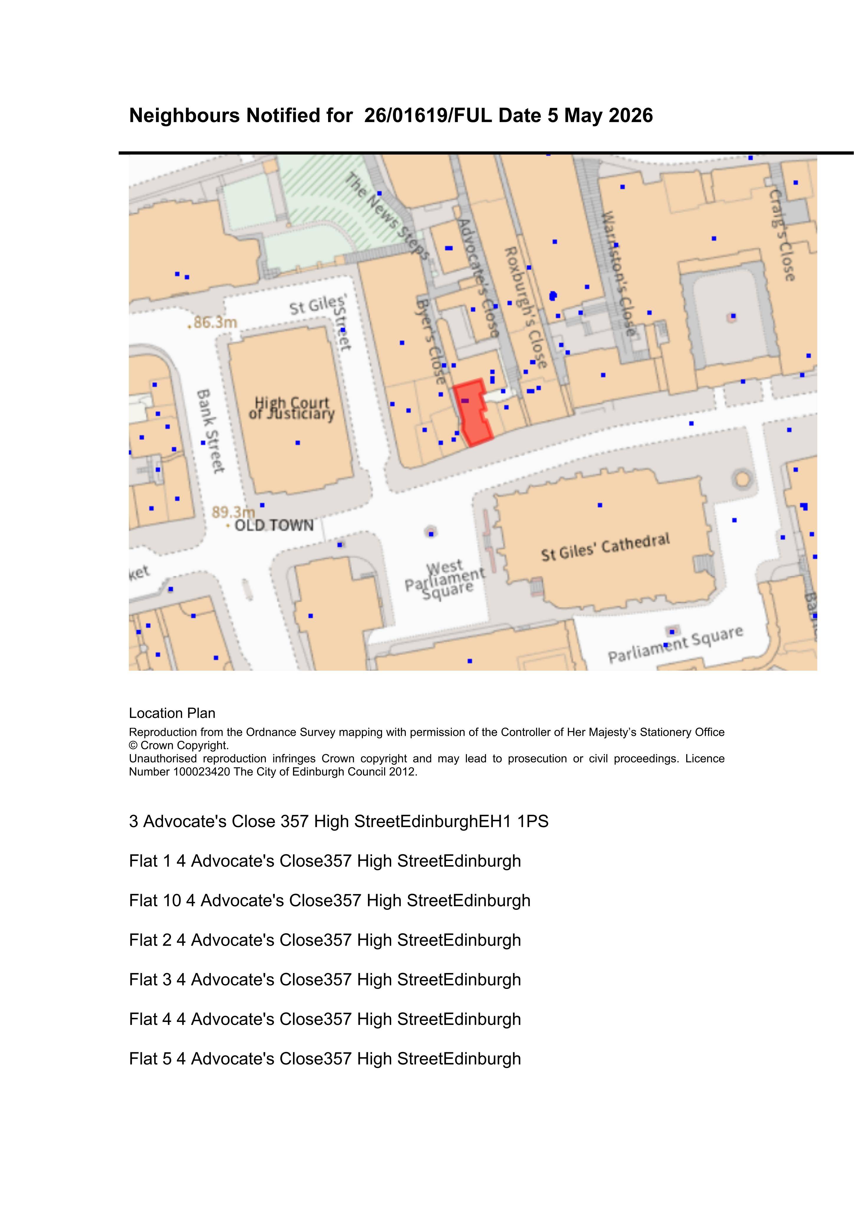 Planning document preview for application 26/01619/FUL, at Flat 2 369 High Street Edinburgh EH1 1PW, showing NEIGHLIST09 - NEIGHBOURS NOTIFIED LIST, page 1