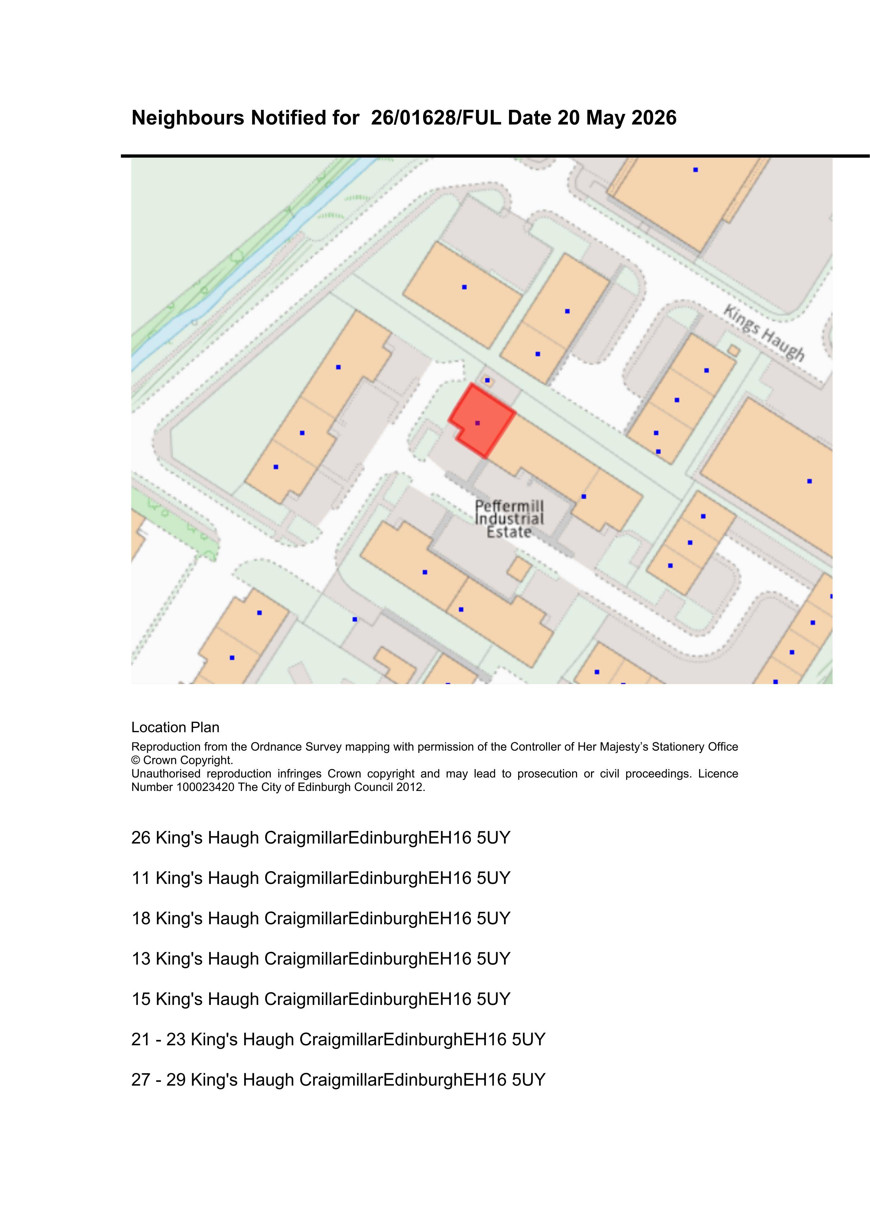 Planning document preview for application 26/01628/FUL, at 19 King's Haugh Edinburgh EH16 5UY, showing NEIGHLIST09 - NEIGHBOURS NOTIFIED LIST, page 1