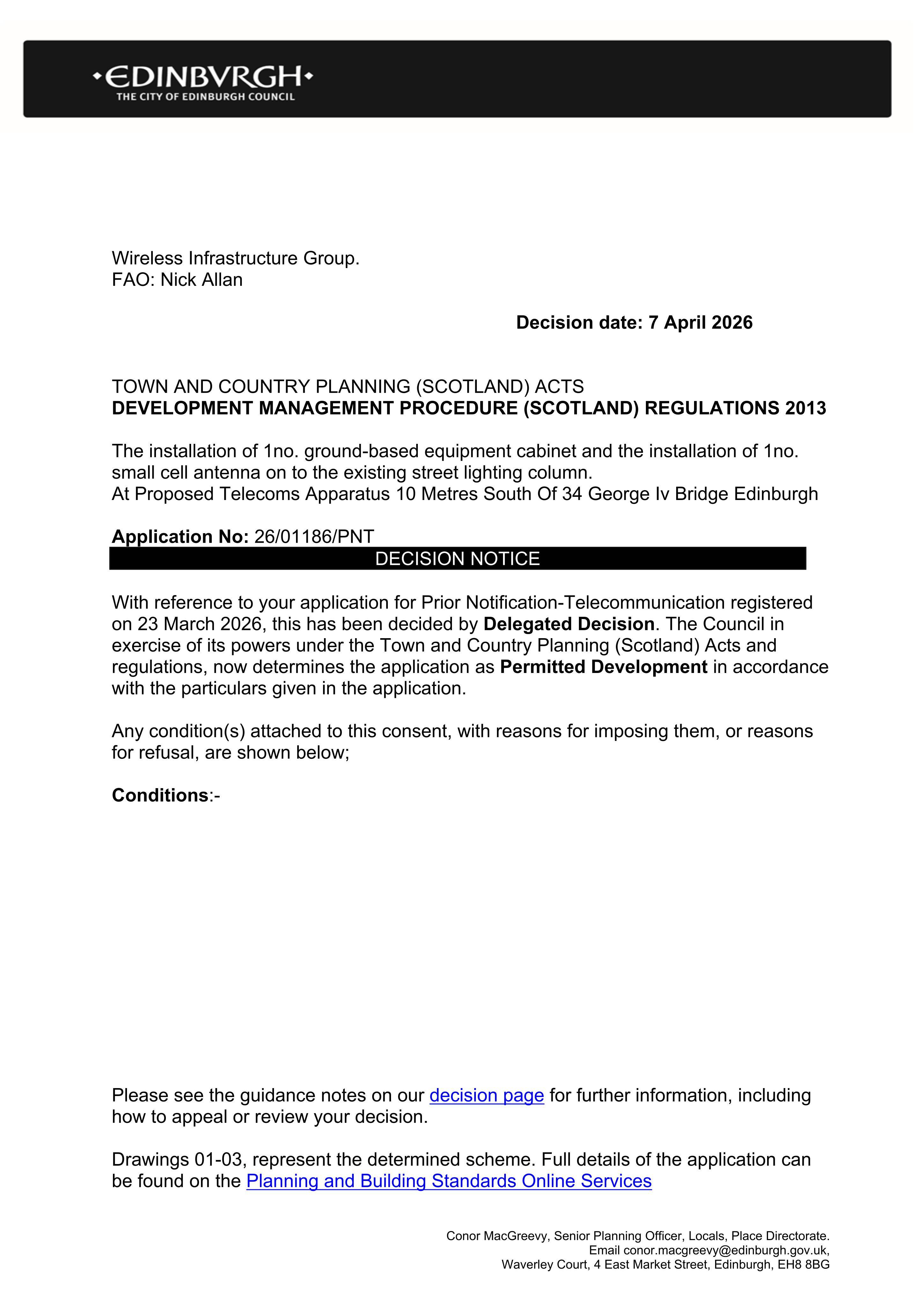 Planning document preview for application 26/01638/PATEL, at Proposed Telecoms Apparatus 10 Metres South Of 34 George Iv Bridge Edinburgh, showing LPA DECISION LETTER APPROVAL FOR PROPOSED CABINET, page 1