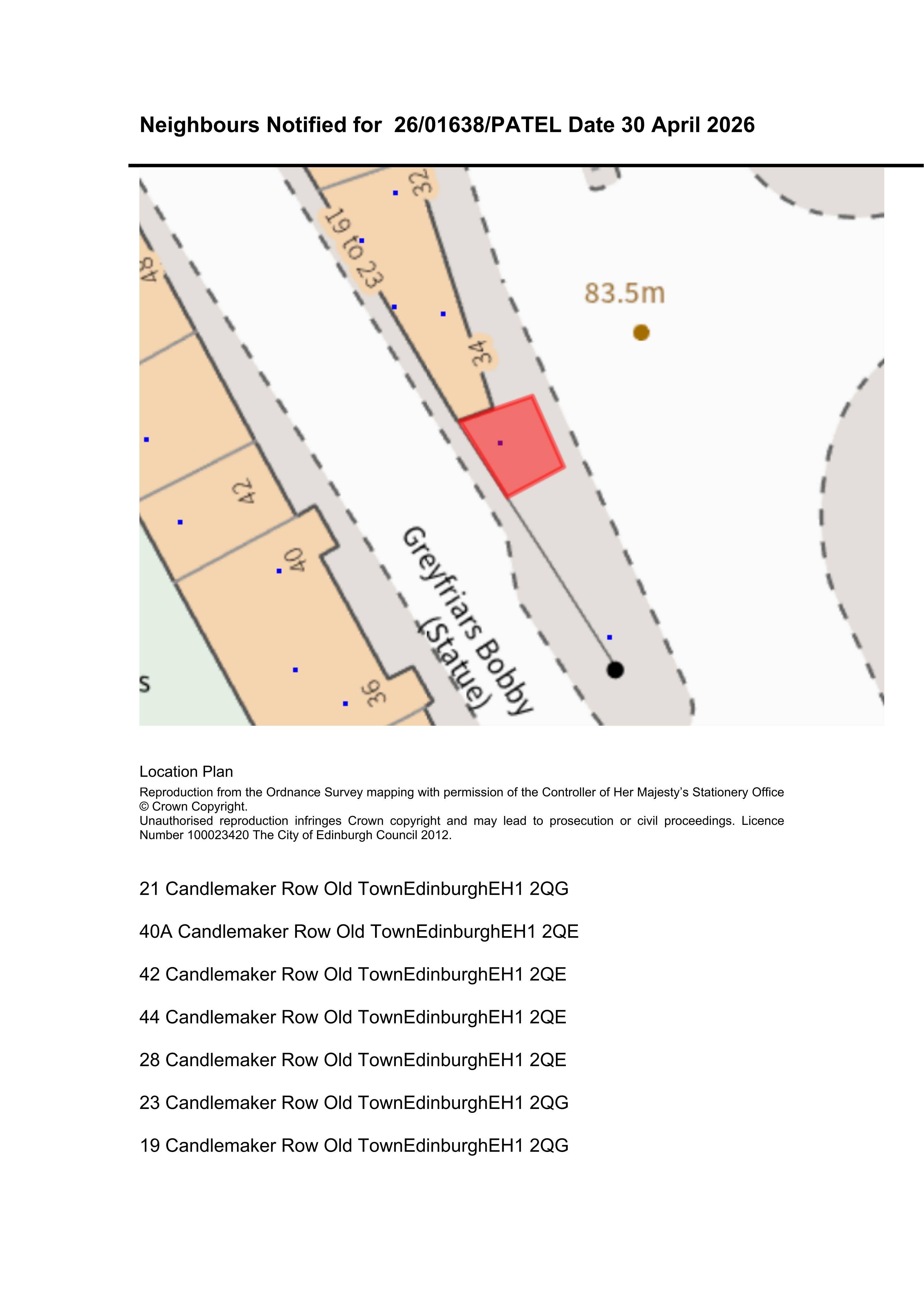 Planning document preview for application 26/01638/PATEL, at Proposed Telecoms Apparatus 10 Metres South Of 34 George Iv Bridge Edinburgh, showing NEIGHLIST09 - NEIGHBOURS NOTIFIED LIST, page 1