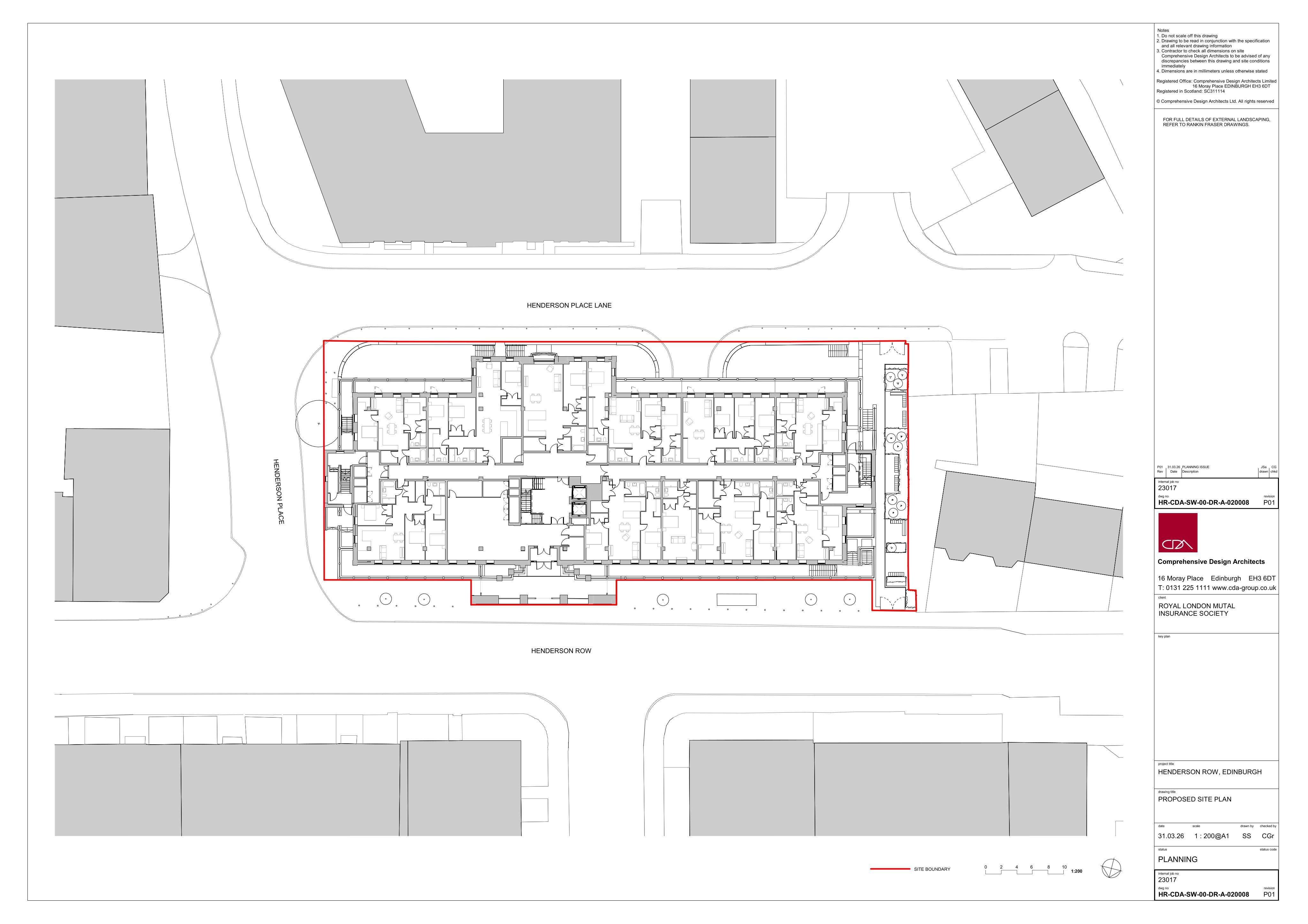 Planning document preview for application 26/01640/FUL, at 57 Henderson Row Stockbridge Edinburgh EH3 5DL, showing (03) PROPOSED SITE PLAN, page 1