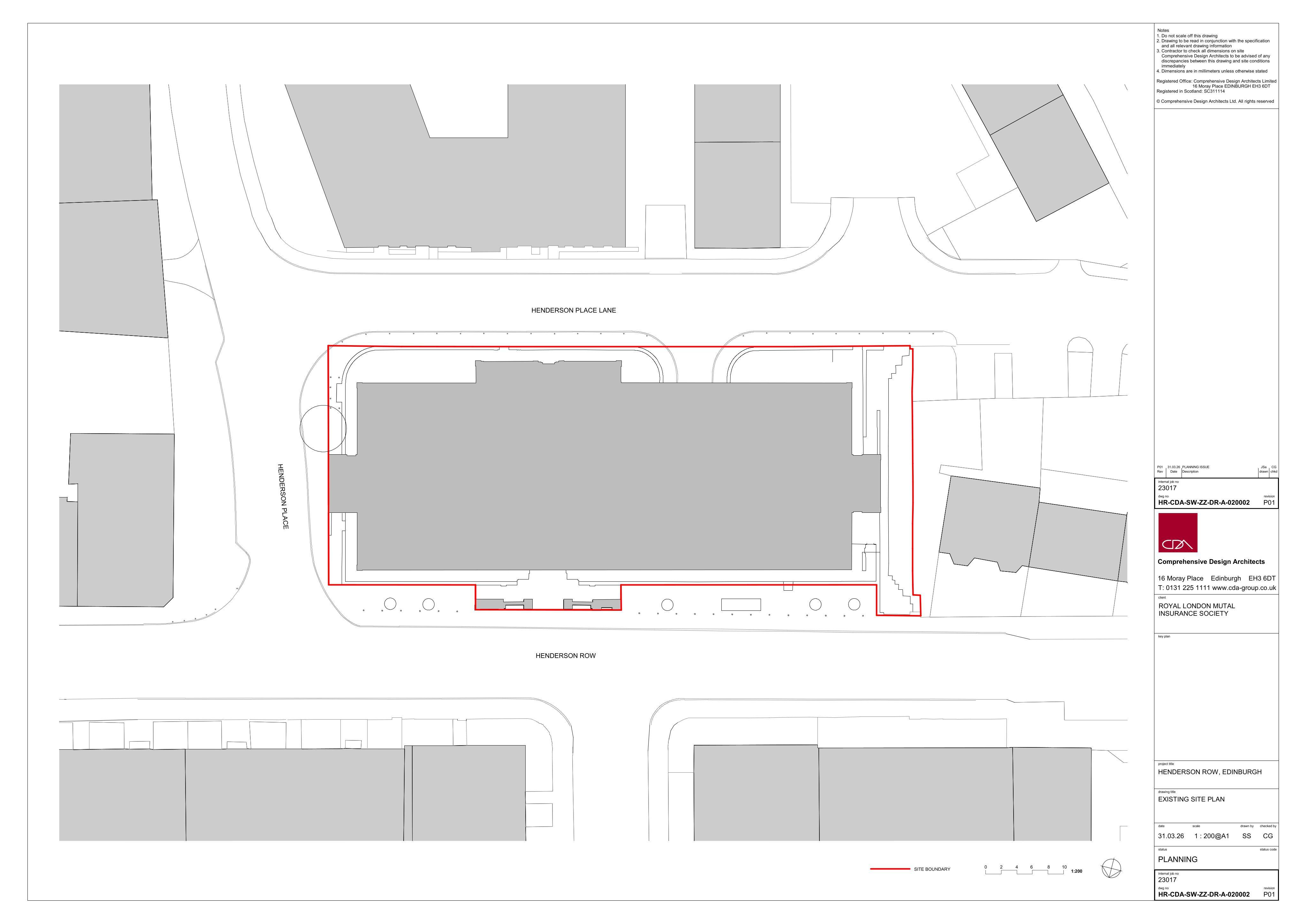 Planning document preview for application 26/01640/FUL, at 57 Henderson Row Stockbridge Edinburgh EH3 5DL, showing (02) EXISTING SITE PLAN, page 1