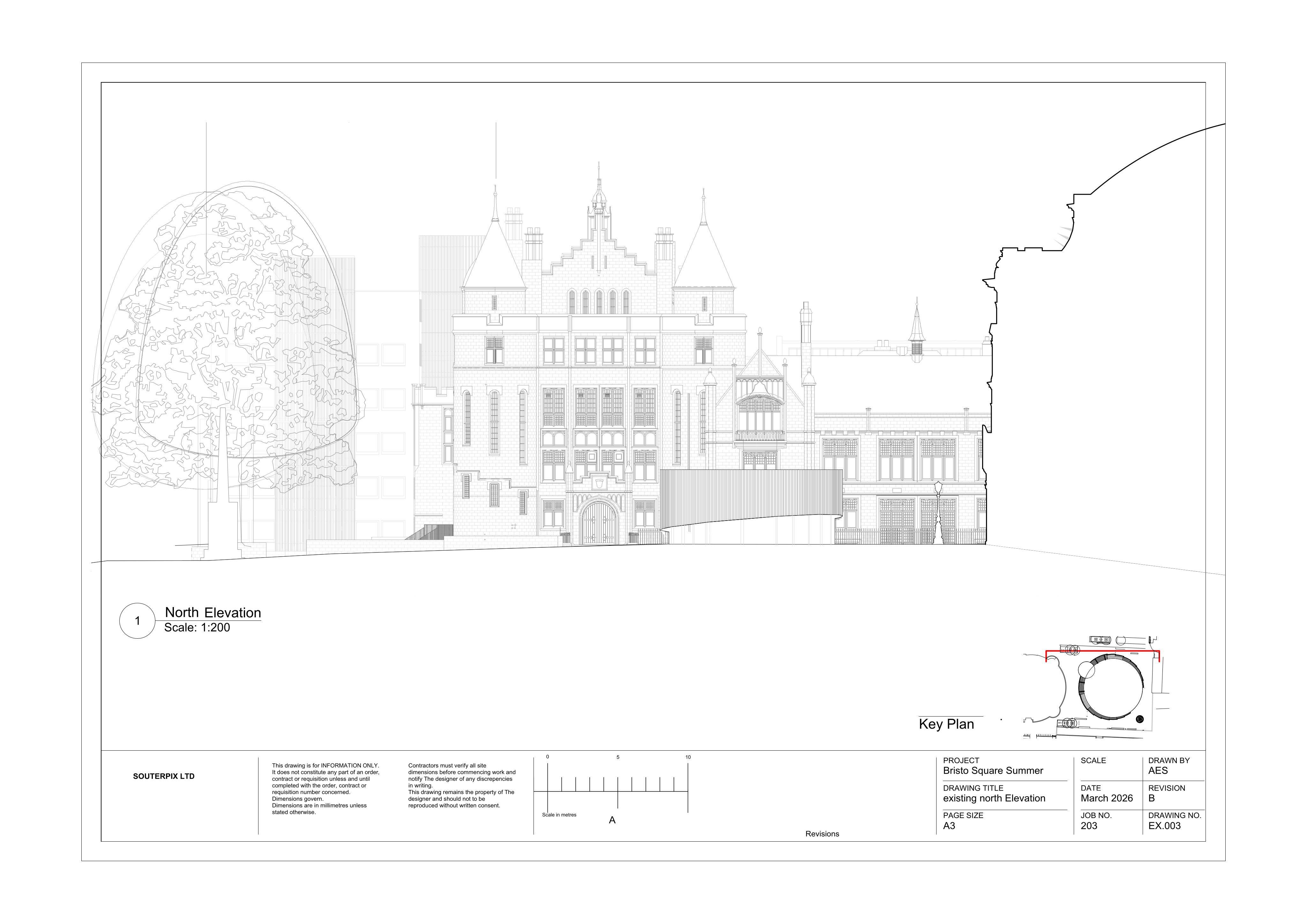 Planning document preview for application 26/01649/FUL, at Proposed Fringe Festival Venue Site Teviot Place Bristo Square Edinburgh, showing (04) EXISTING NORTH ELEVATION, page 1
