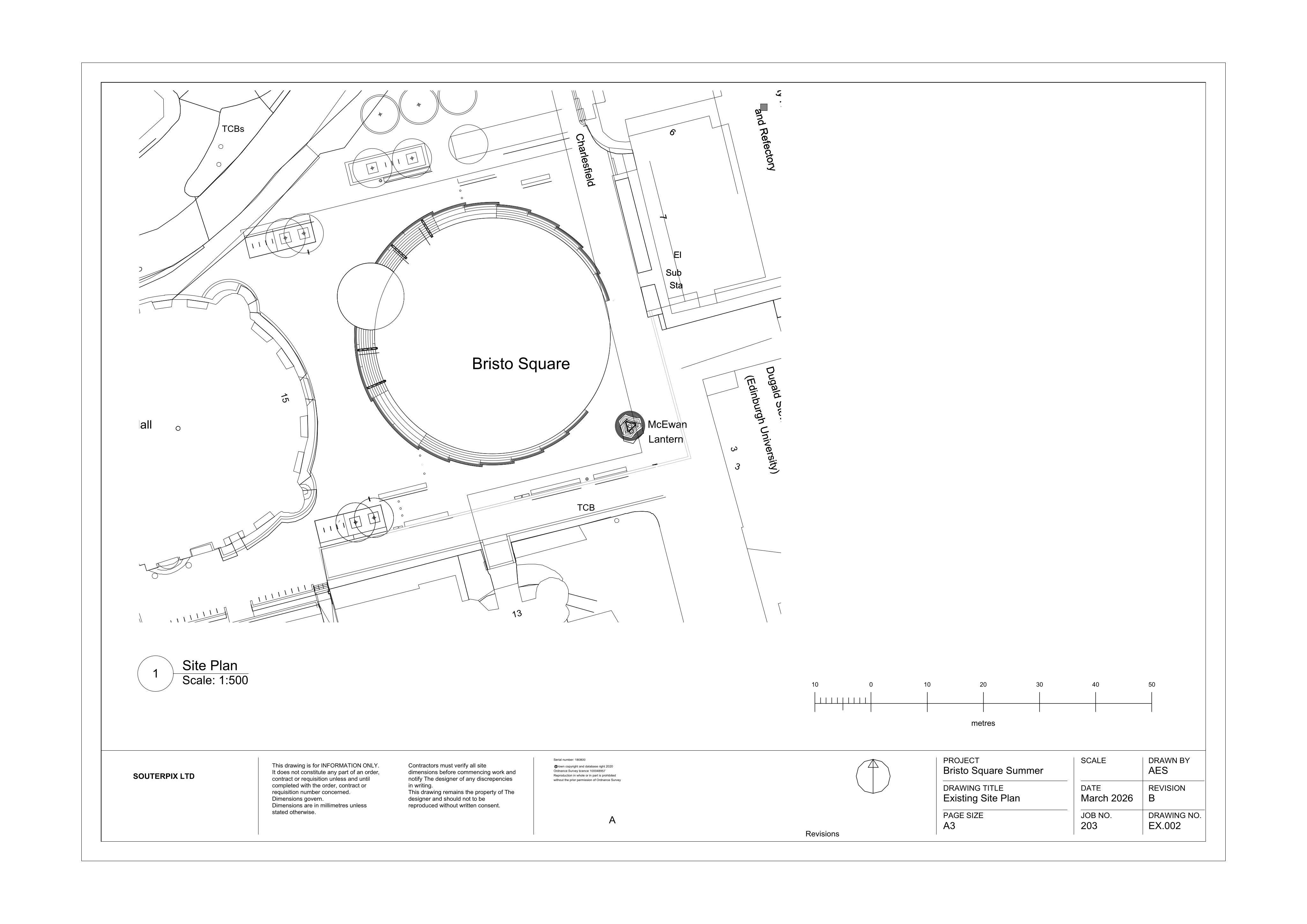 Planning document preview for application 26/01649/FUL, at Proposed Fringe Festival Venue Site Teviot Place Bristo Square Edinburgh, showing (02) EXISTING SITE PLAN, page 1