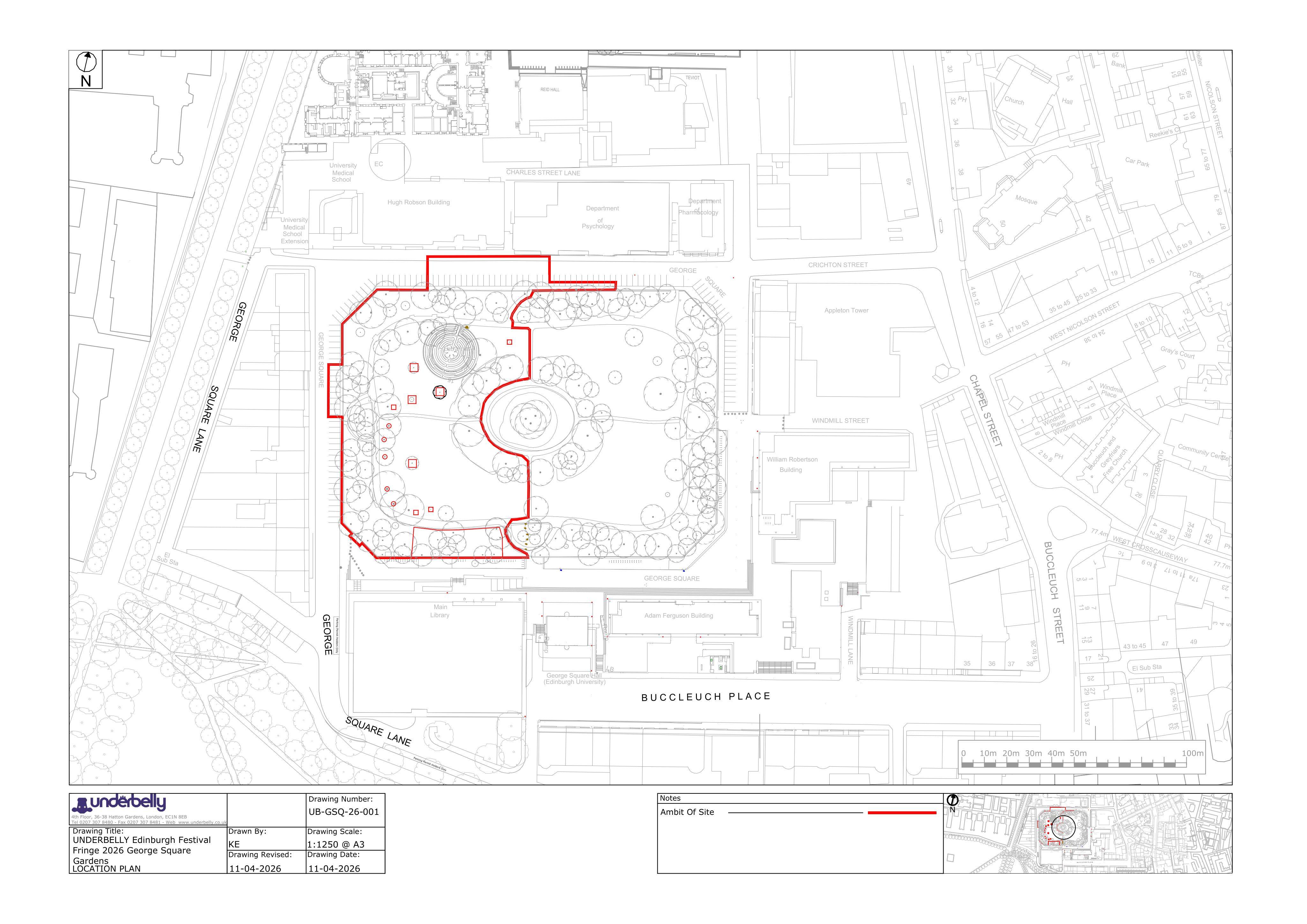 Planning document preview for application 26/01650/FUL, at Proposed Temporary Festival Venue George Square Edinburgh, showing (01) LOCATION PLAN, page 1