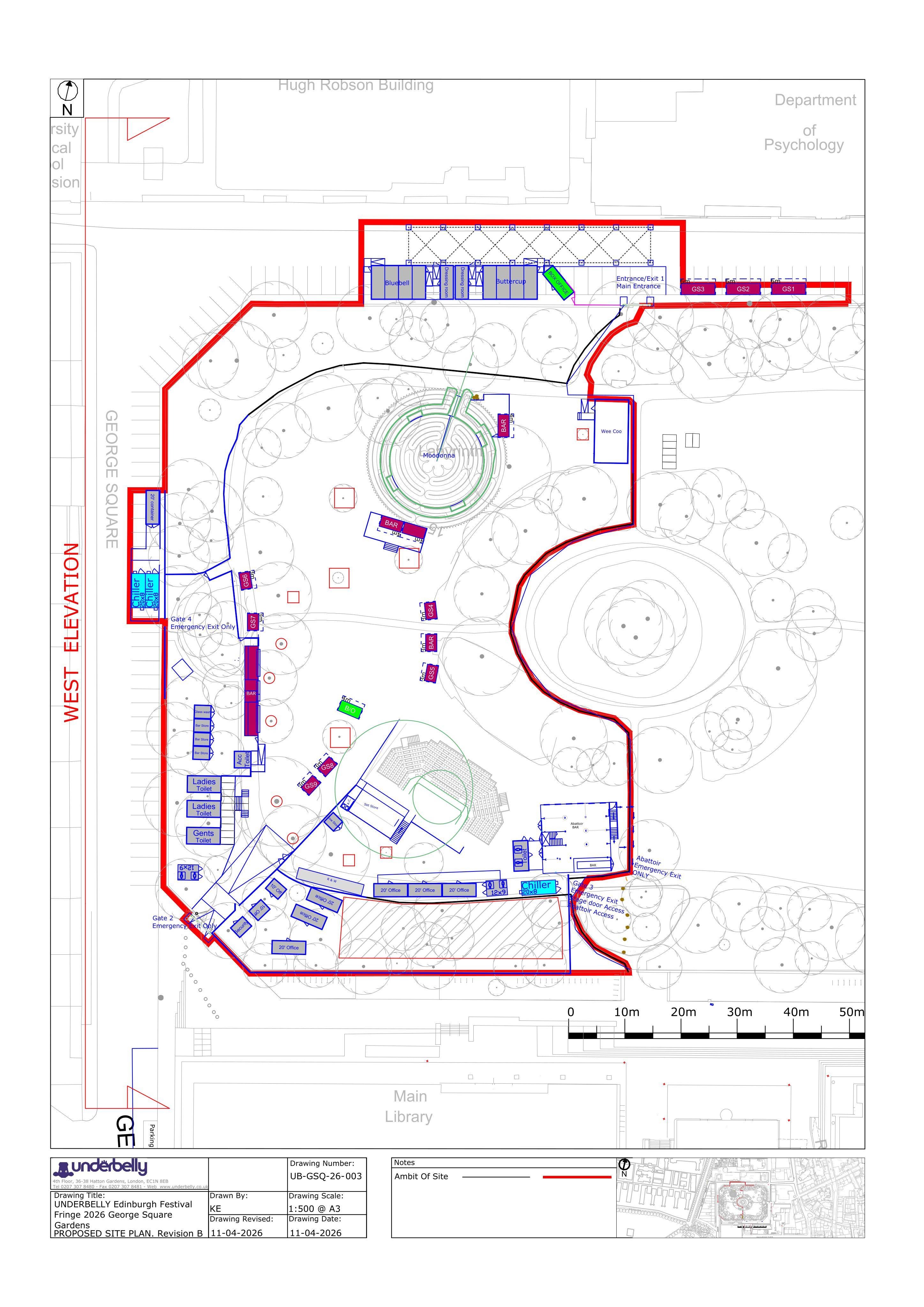 Planning document preview for application 26/01650/FUL, at Proposed Temporary Festival Venue George Square Edinburgh, showing (03) PROPOSED SITE PLAN, page 1