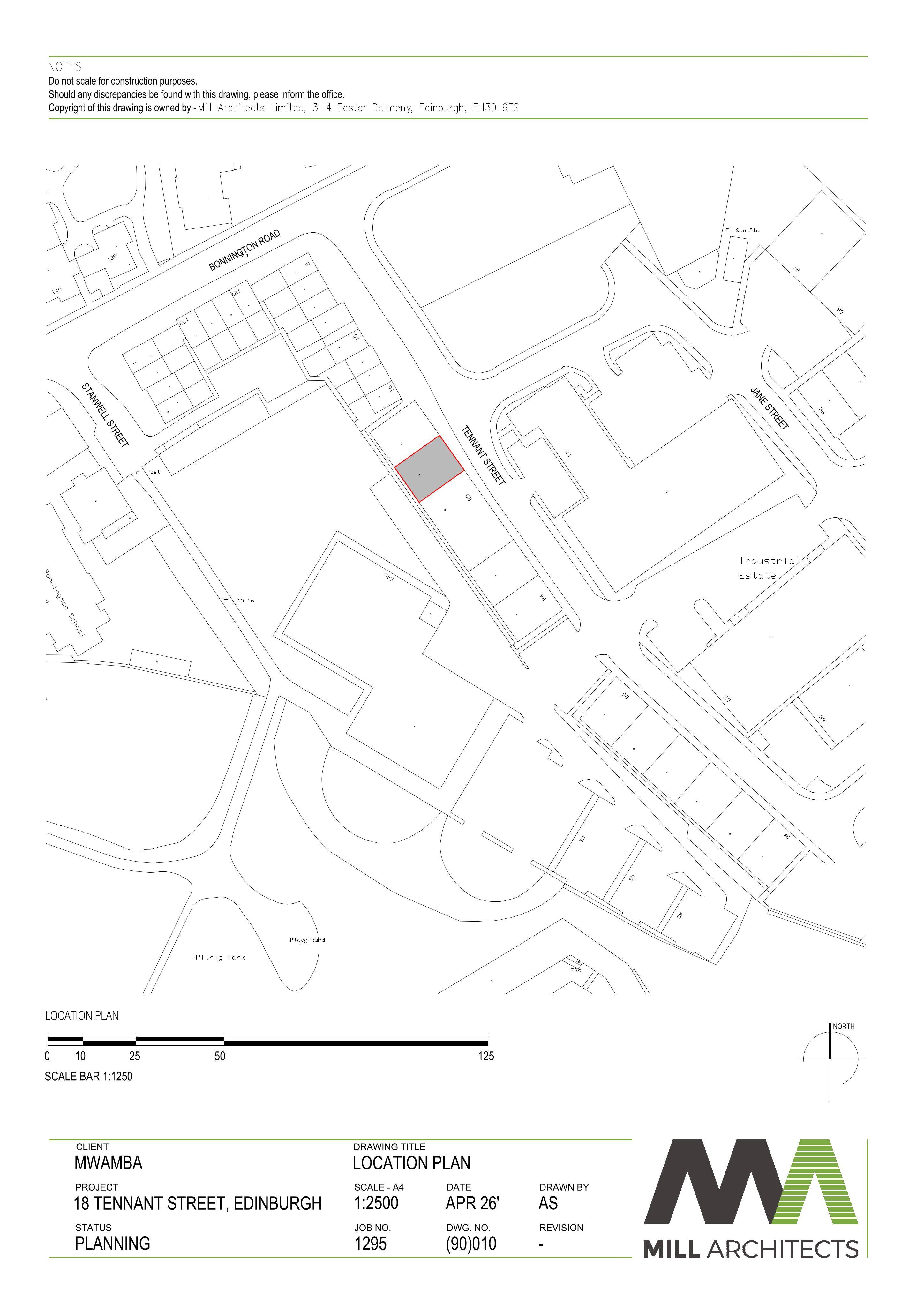 Planning document preview for application 26/01746/FUL, at 18A Tennant Street Edinburgh EH6 5ND, showing 01) LOCATION PLAN, page 1
