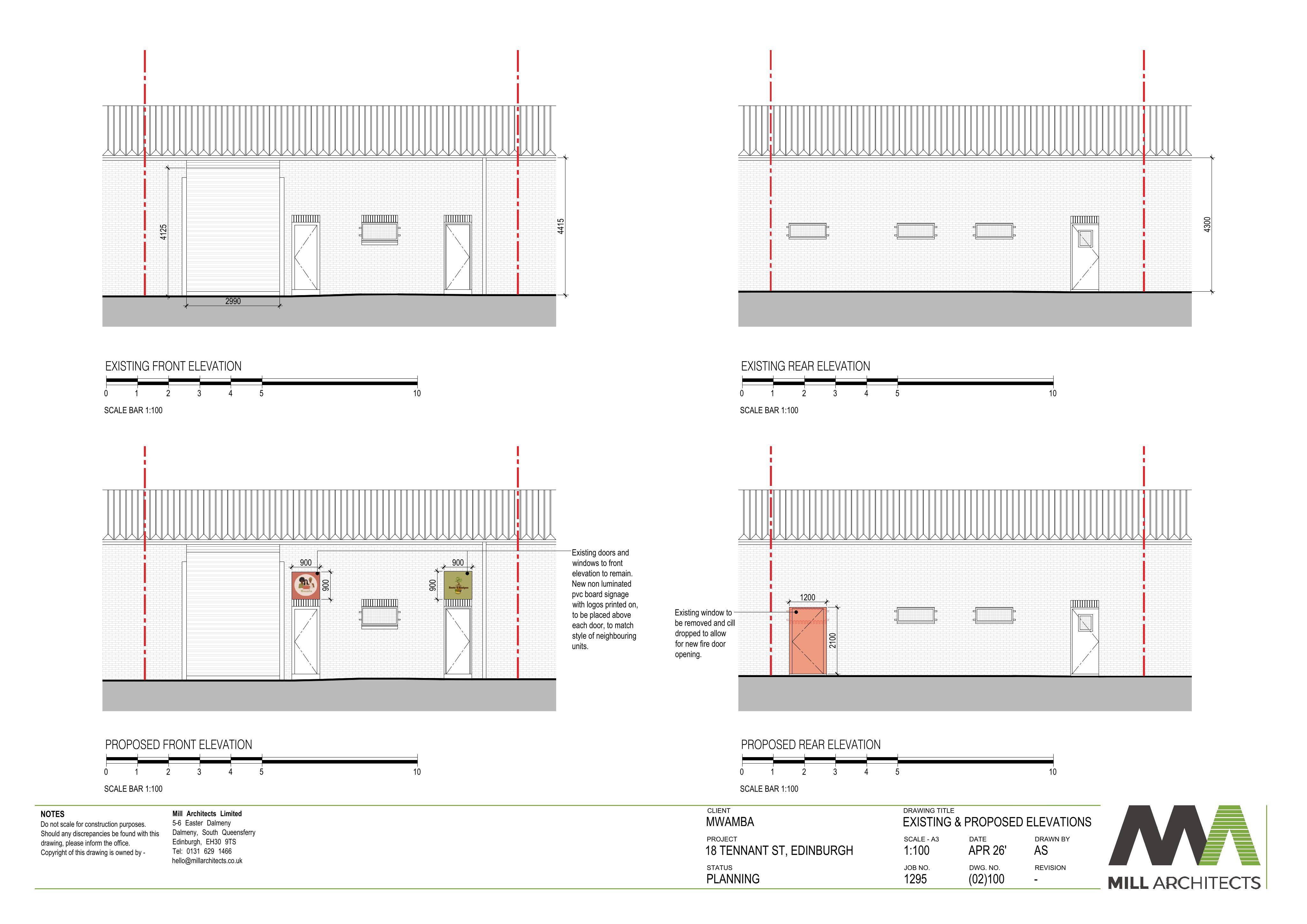 Planning document preview for application 26/01746/FUL, at 18A Tennant Street Edinburgh EH6 5ND, showing 04) EXISTING+PROPOSED ELEVATIONS, page 1