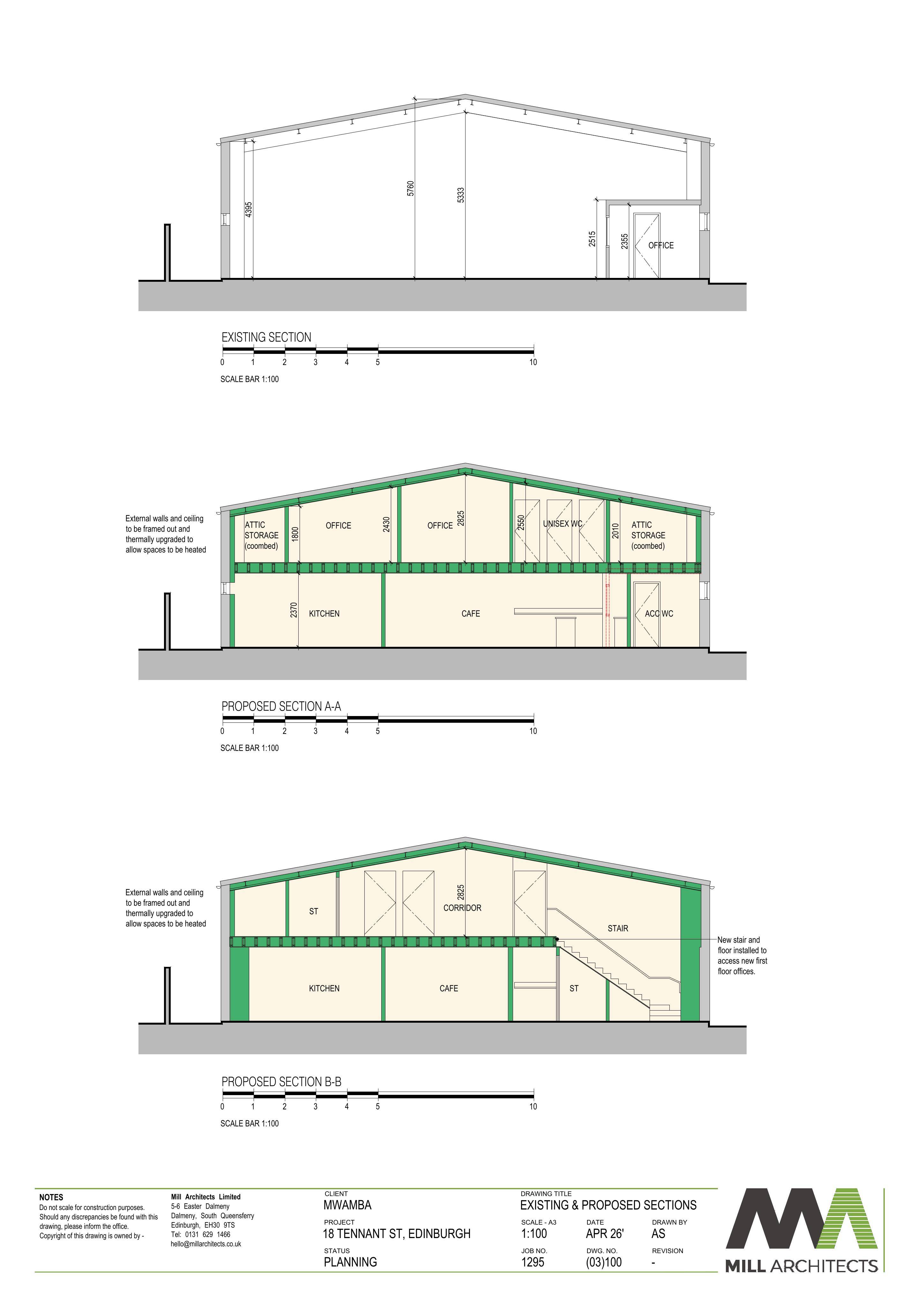 Planning document preview for application 26/01746/FUL, at 18A Tennant Street Edinburgh EH6 5ND, showing 05) EXISTING+PROPOSE SECTIONS, page 1