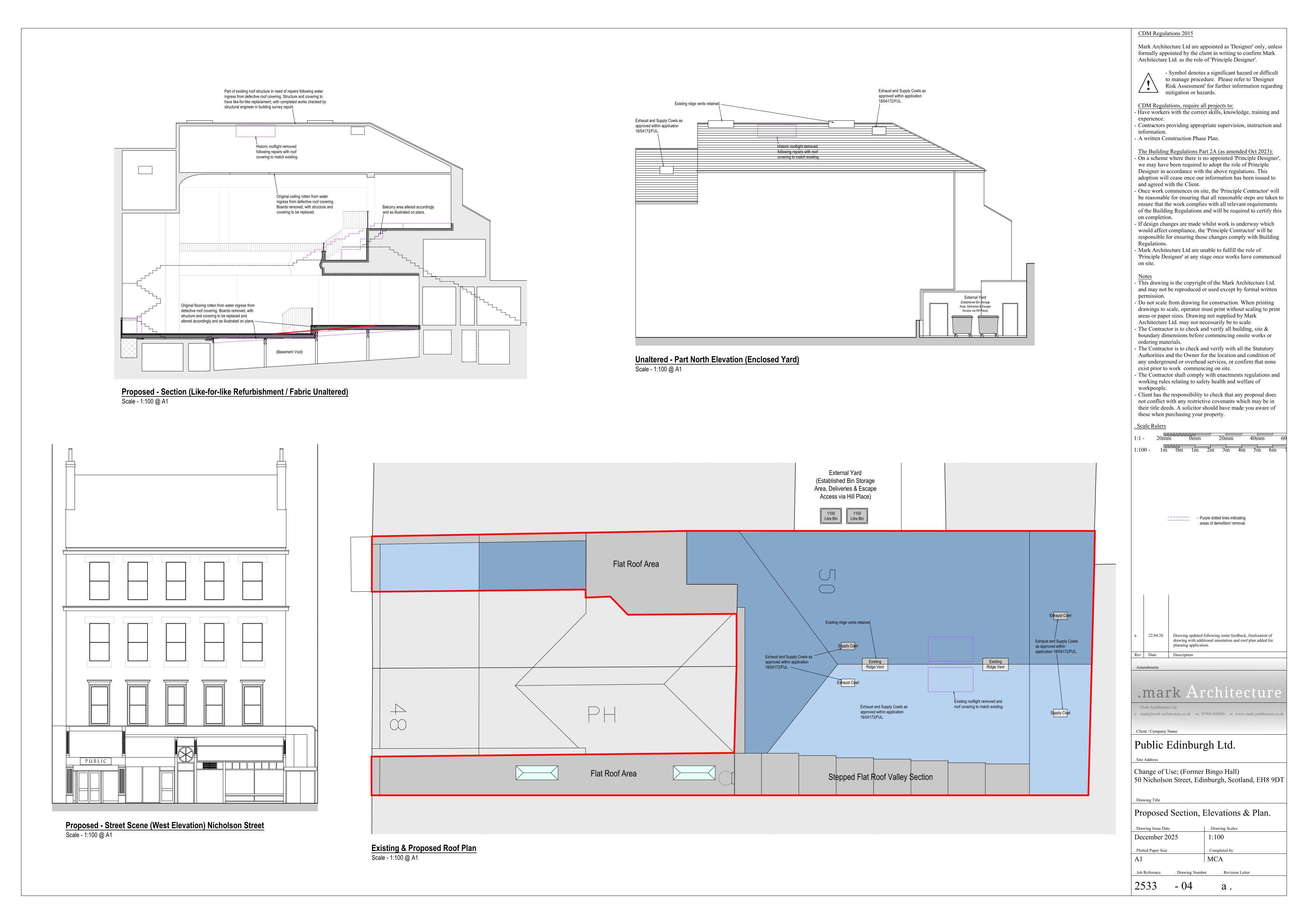 Planning document preview for application 26/01757/FUL, at 50 Nicolson Street Edinburgh EH8 9DT, showing (05) PROPOSED SECTION AND ELEVATIONS, page 1