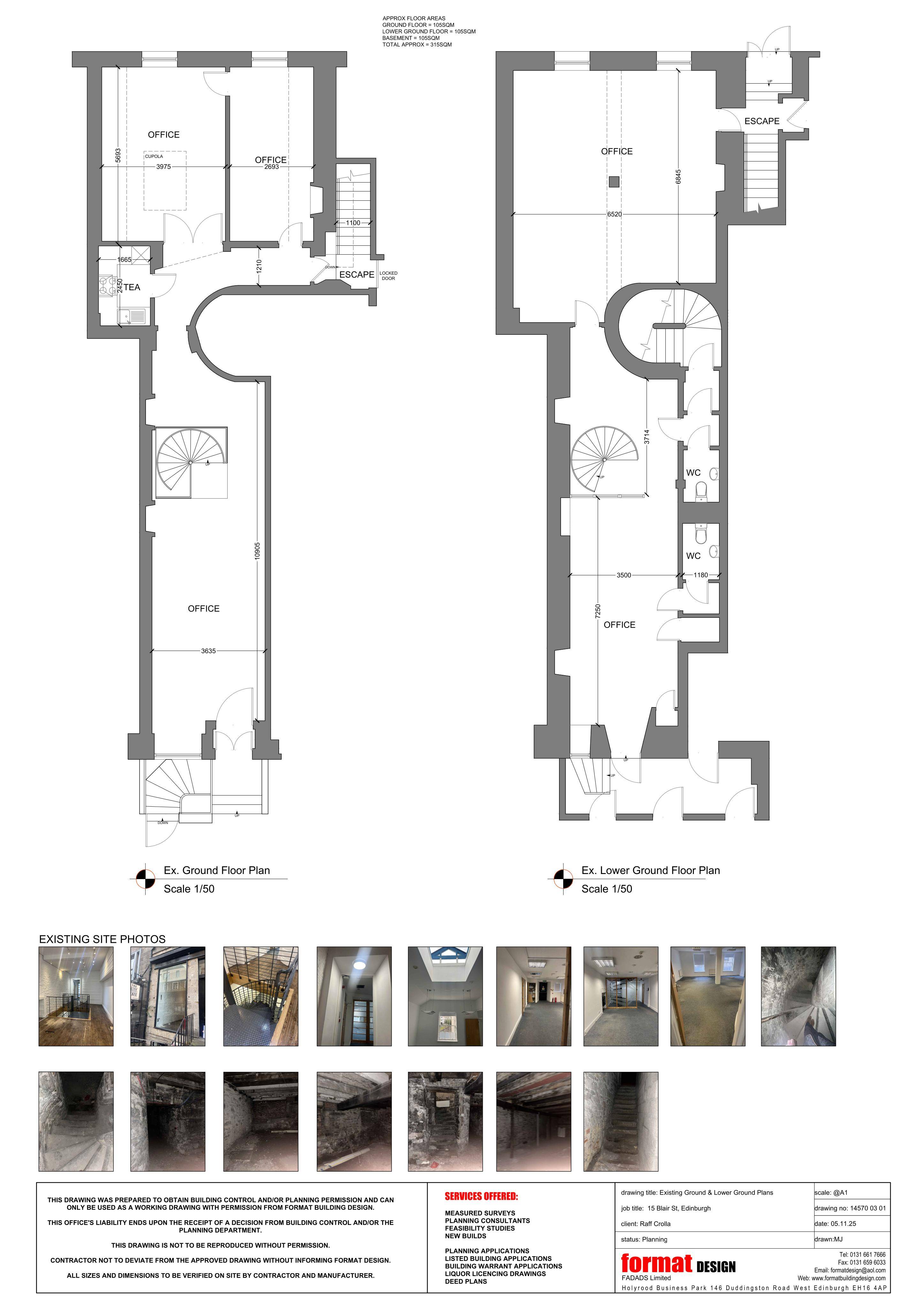 Planning document preview for application 26/01858/LBC, at 15 Blair Street Edinburgh EH1 1QR, showing 02 - EXISTING GROUND FLOOR AND LOWER GROUND FLOOR PLANS + PHOTOS, page 1