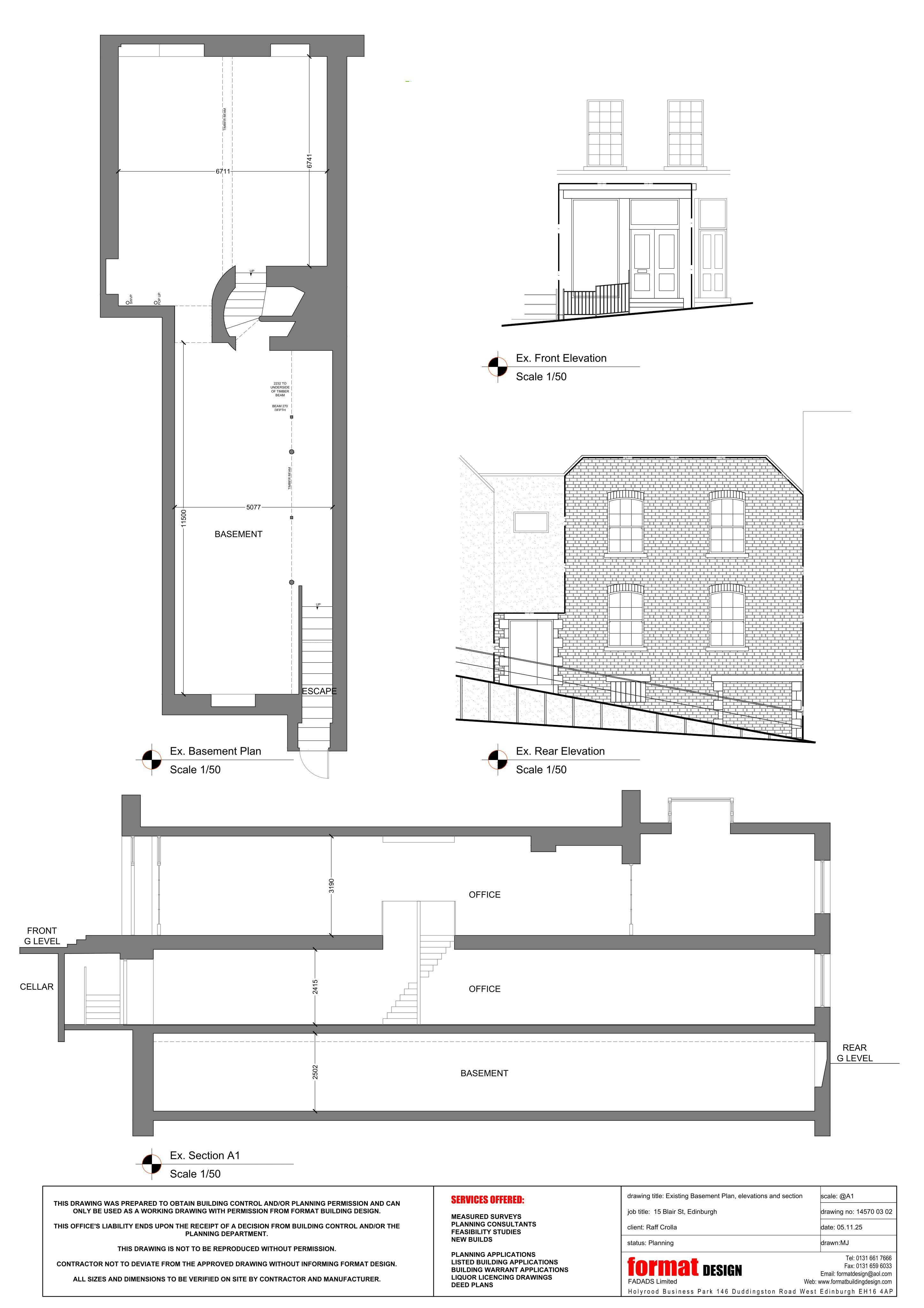 Planning document preview for application 26/01858/LBC, at 15 Blair Street Edinburgh EH1 1QR, showing 03 - EXISTING BASEMENT; FRONT AND REAR ELEVATIONS + SECTIONS, page 1