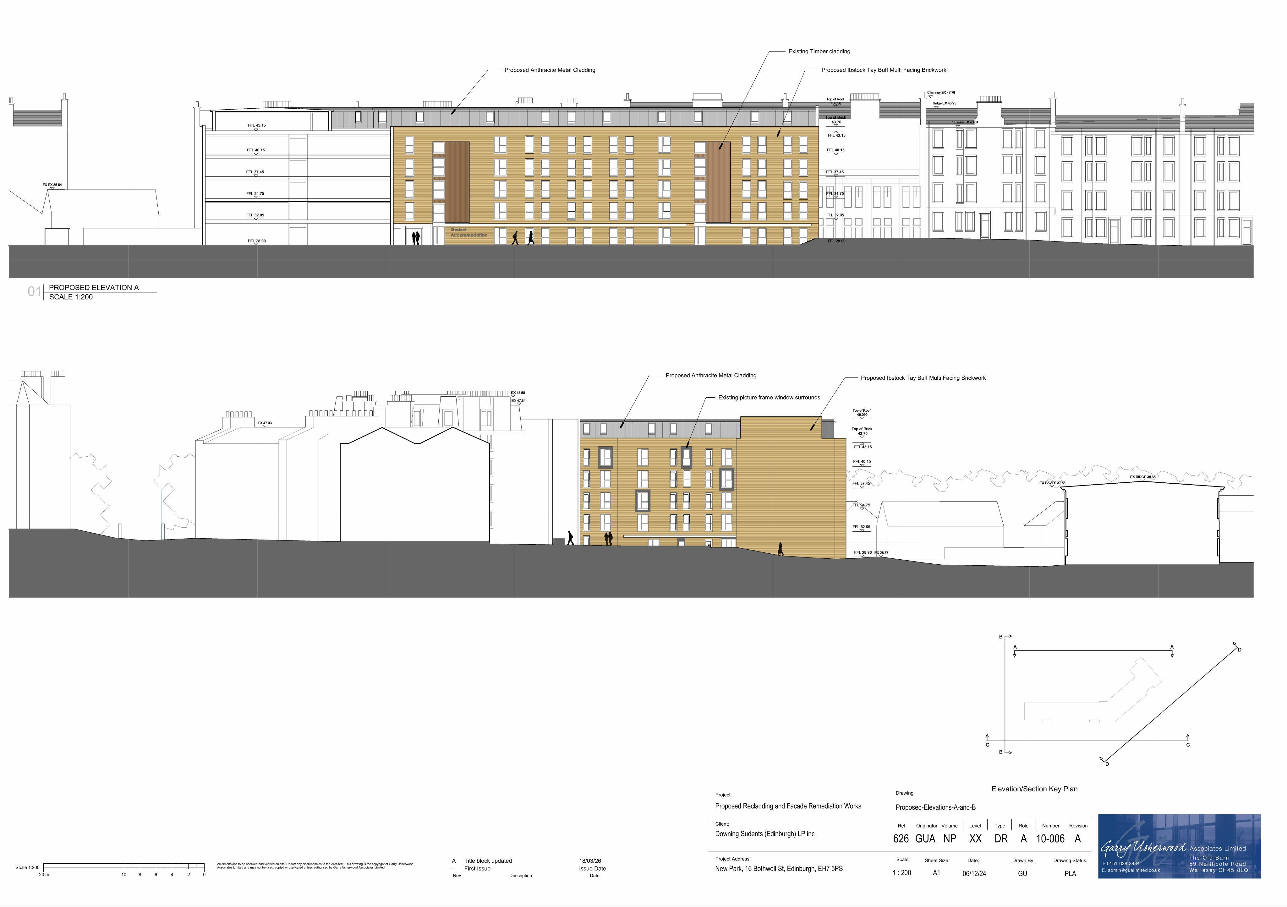 Planning document preview for application 26/01865/FUL, at 14, 16, 18 Bothwell Street Edinburgh, showing (08) PROPOSED ELEVATIONS - A AND B, page 1