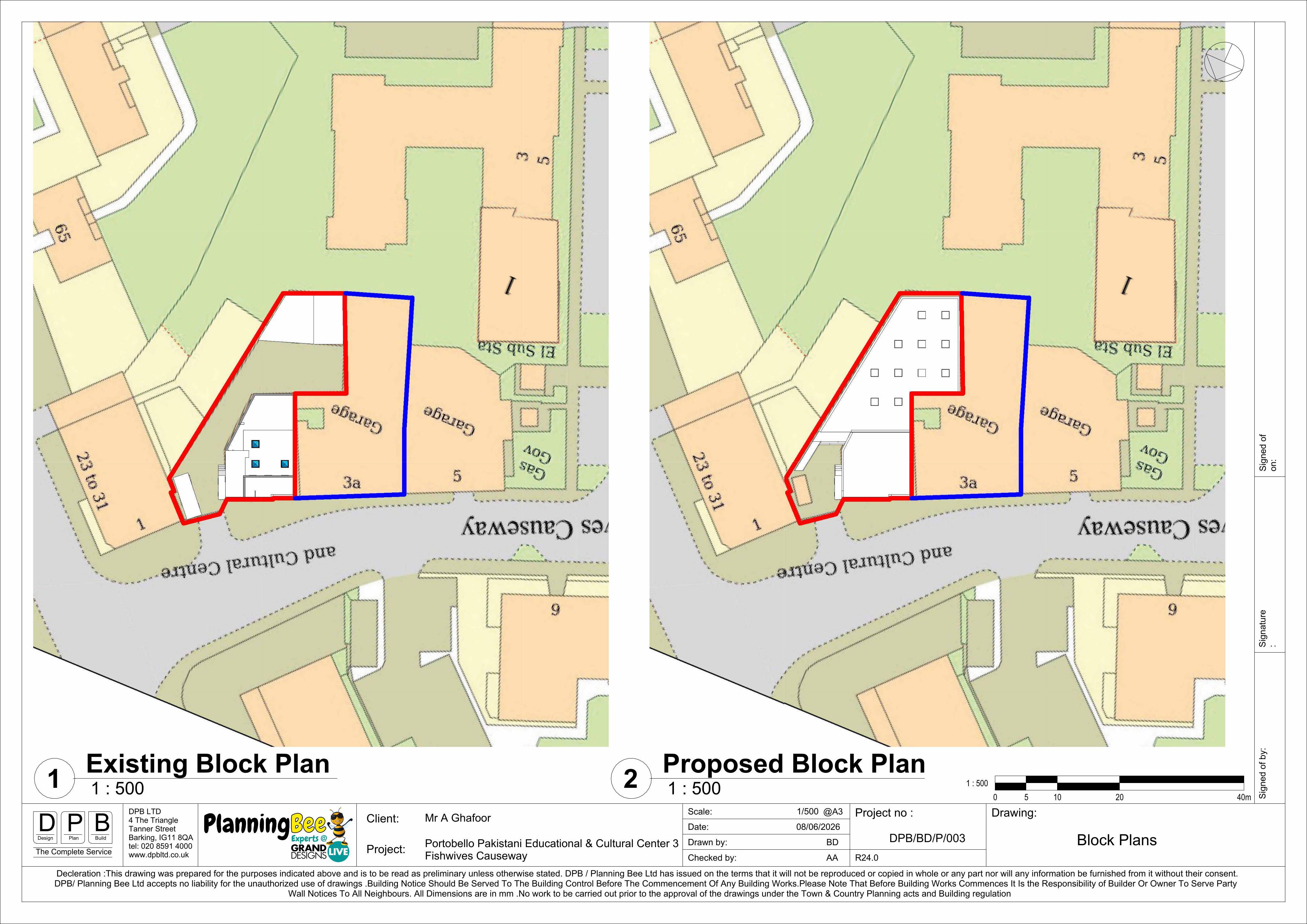 Planning document preview for application 26/02003/FUL, at 3 Fishwives Causeway Edinburgh EH15 1DF, showing 02 - EXISTING + PROPOSED BLOCK PLAN, page 1