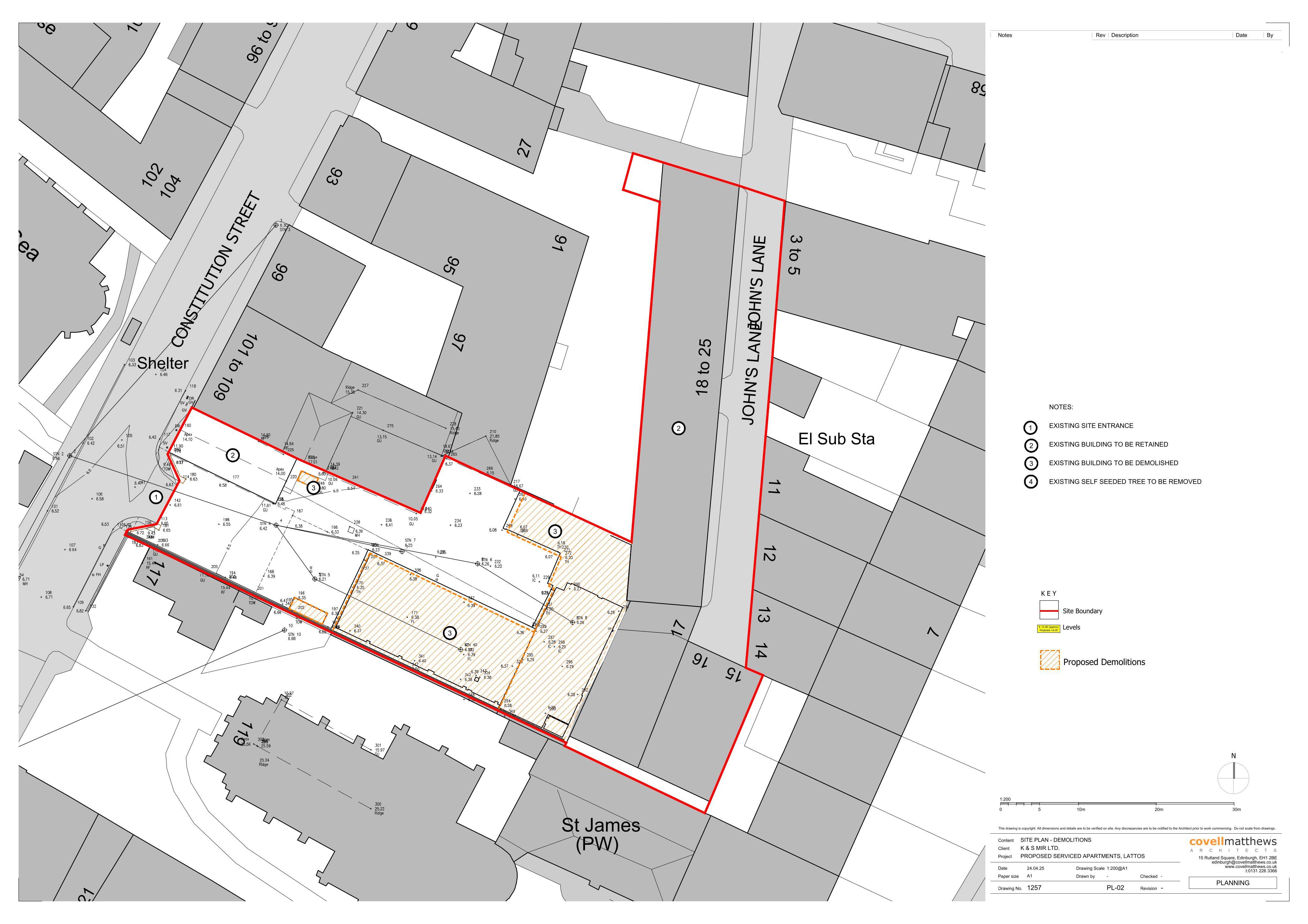 Planning document preview for application 26/02040/CON, at 111 - 115 Constitution Street, 18 - 25 John's Lane Edinburgh EH6 7AE, showing (04) SITE PLAN DEMOLITIONS, page 1