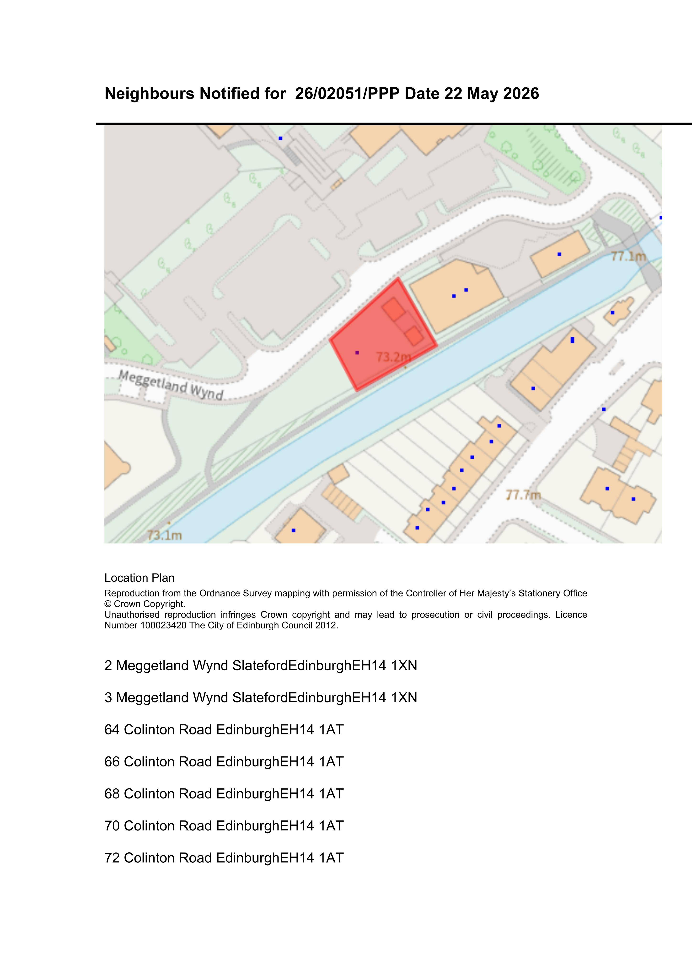 Planning document preview for application 26/02051/PPP, at Land 105 Metres South Of 4 Meggetland Wynd Slateford Edinburgh, showing NEIGHLIST09 - NEIGHBOURS NOTIFIED LIST, page 1