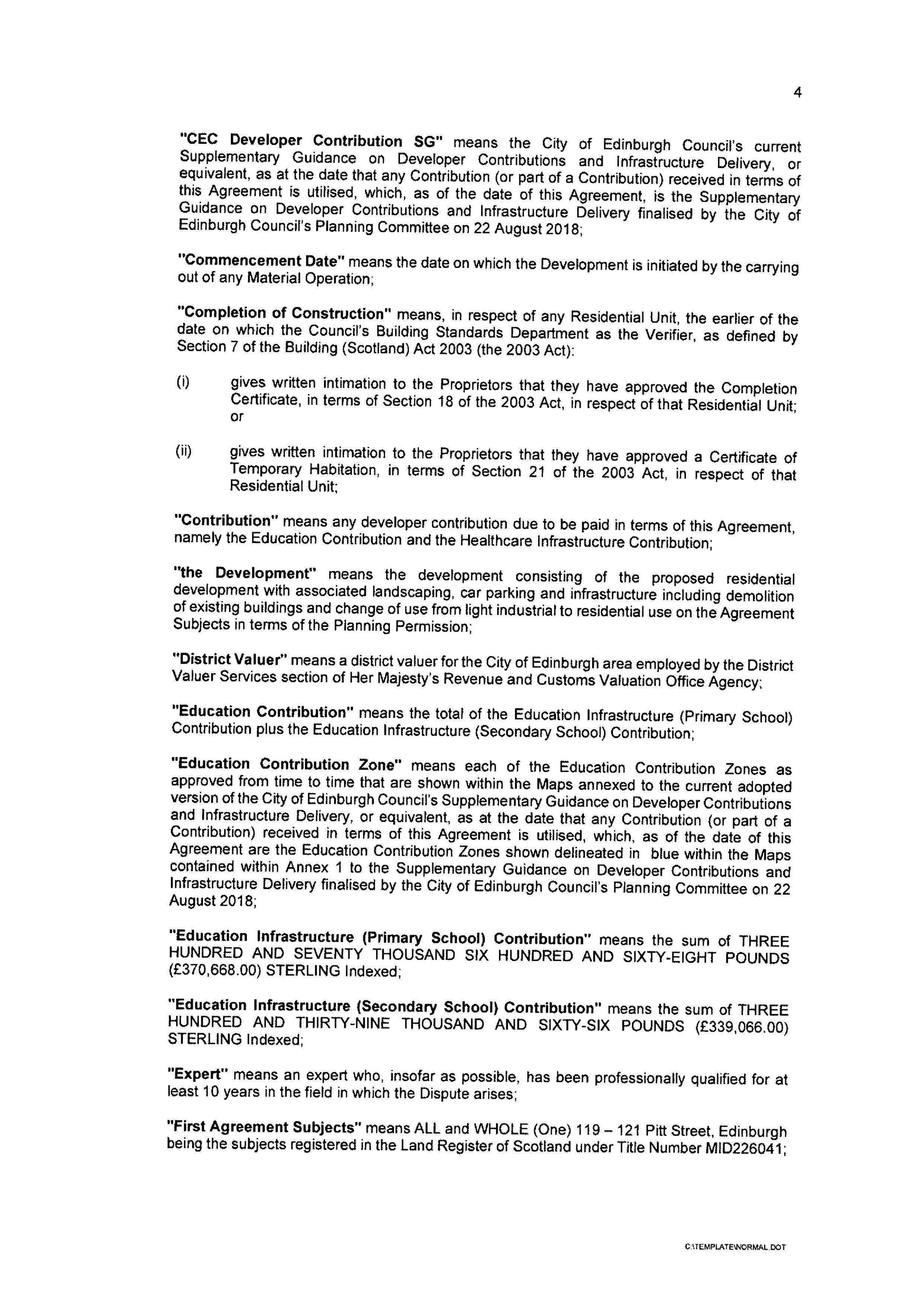 Planning document preview for application 26/02210/OBL, at 117 - 145 Pitt Street, 9 Trafalgar Lane Edinburgh EH6 4DE, showing SIGNED S75 AGREEMENT, page 4