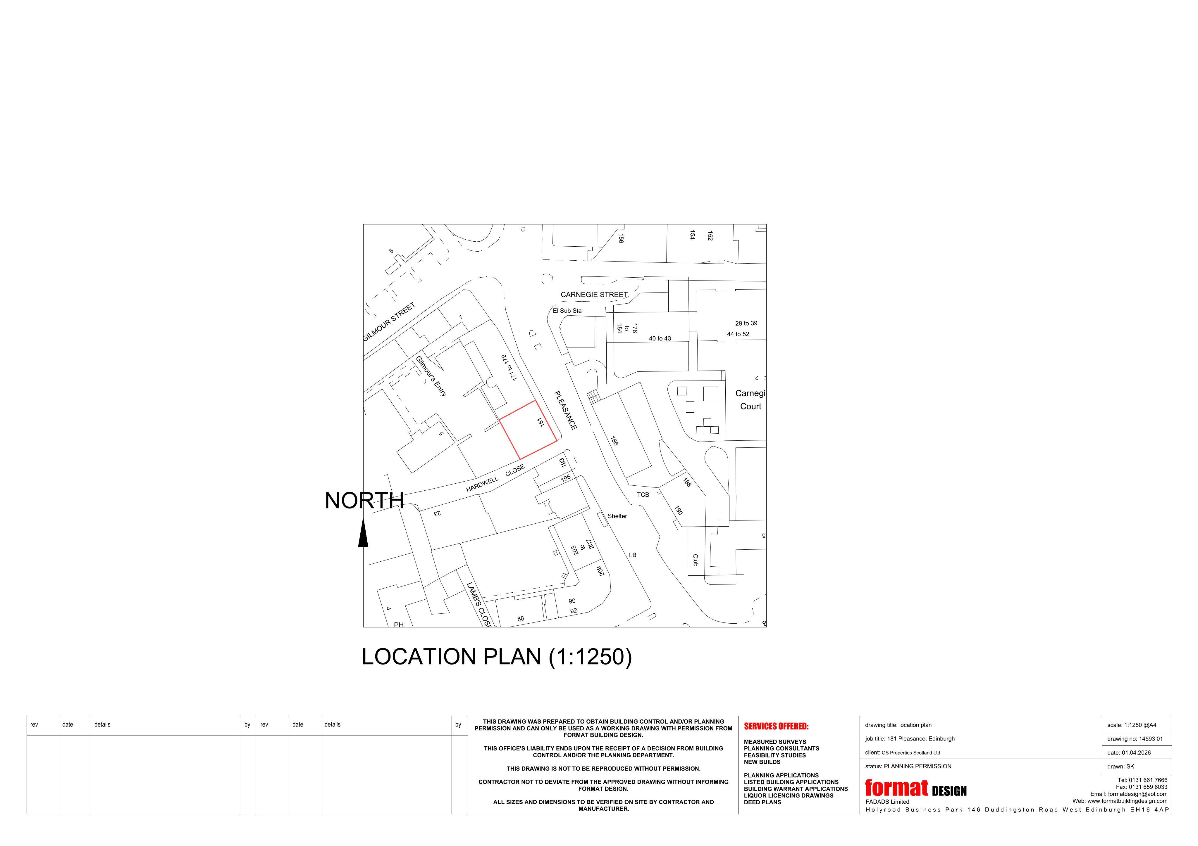 Planning document preview for application 26/02219/FUL, at 181 Pleasance Edinburgh EH8 9RU, showing 01 - LOCATION PLAN, page 1