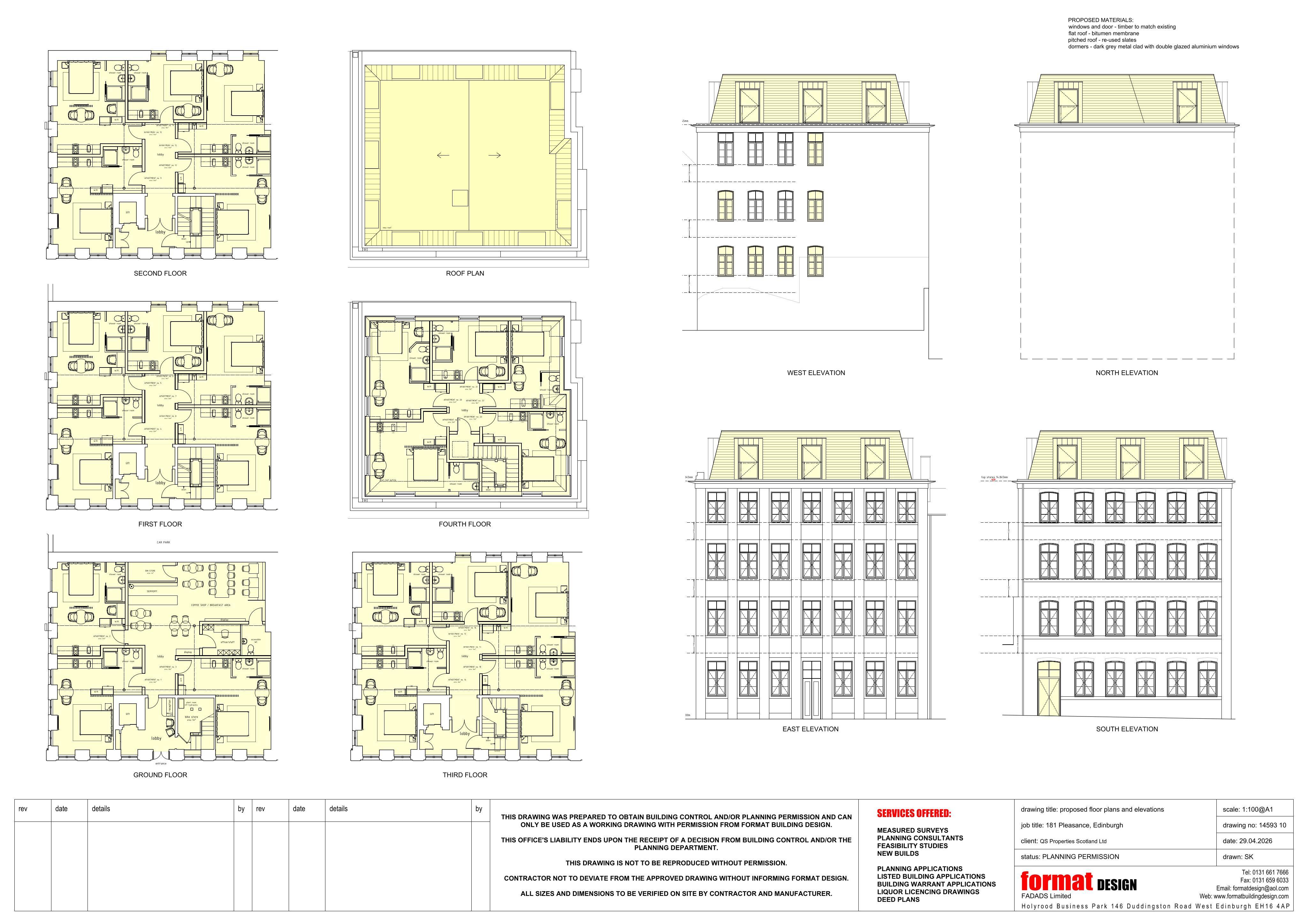 Planning document preview for application 26/02219/FUL, at 181 Pleasance Edinburgh EH8 9RU, showing 03 - PROPOSED FLOOR PLANS AND ELEVATIONS, page 1