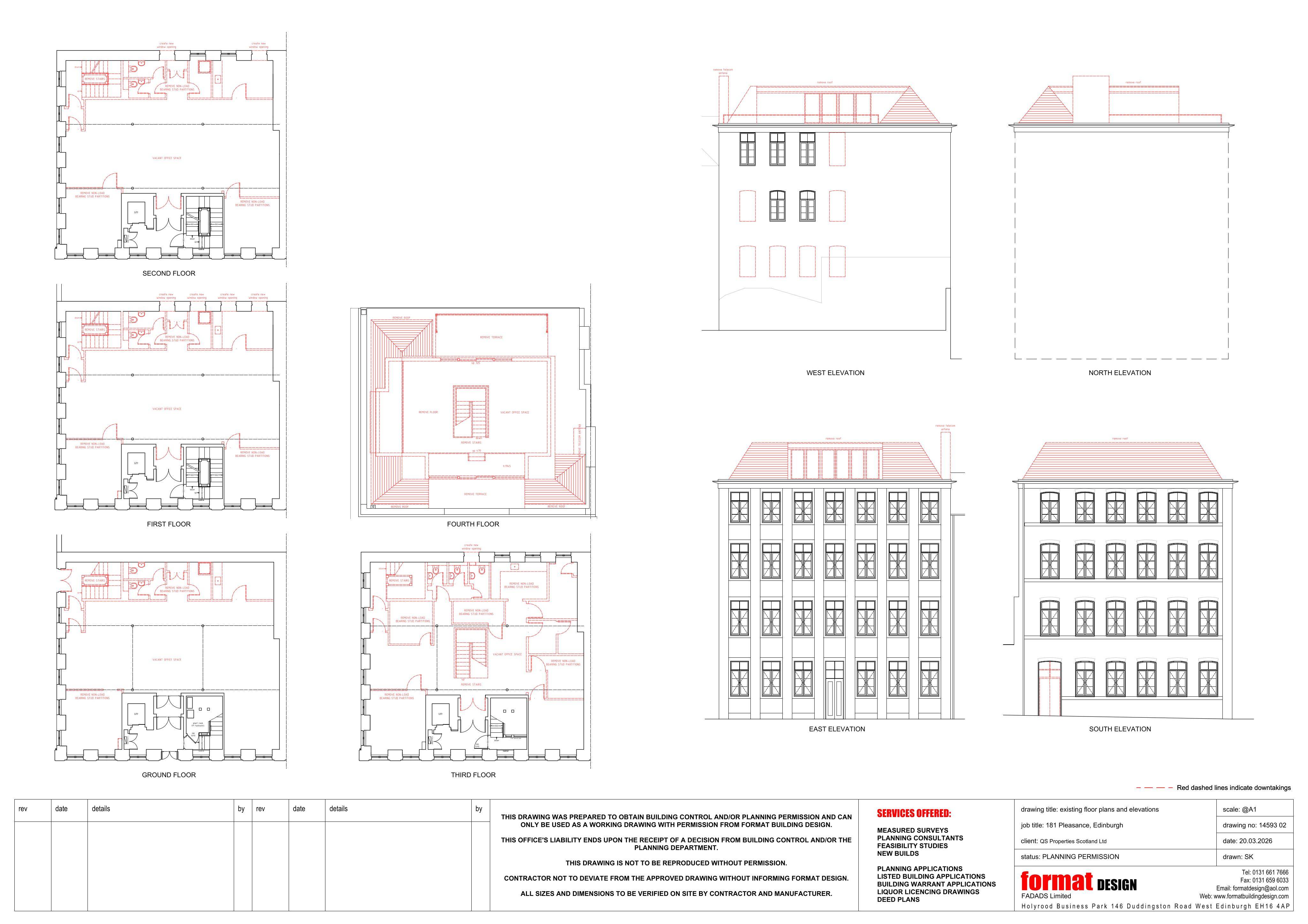 Planning document preview for application 26/02219/FUL, at 181 Pleasance Edinburgh EH8 9RU, showing 02 - EXISTING FLOOR PLANS AND ELEVATIONS, page 1