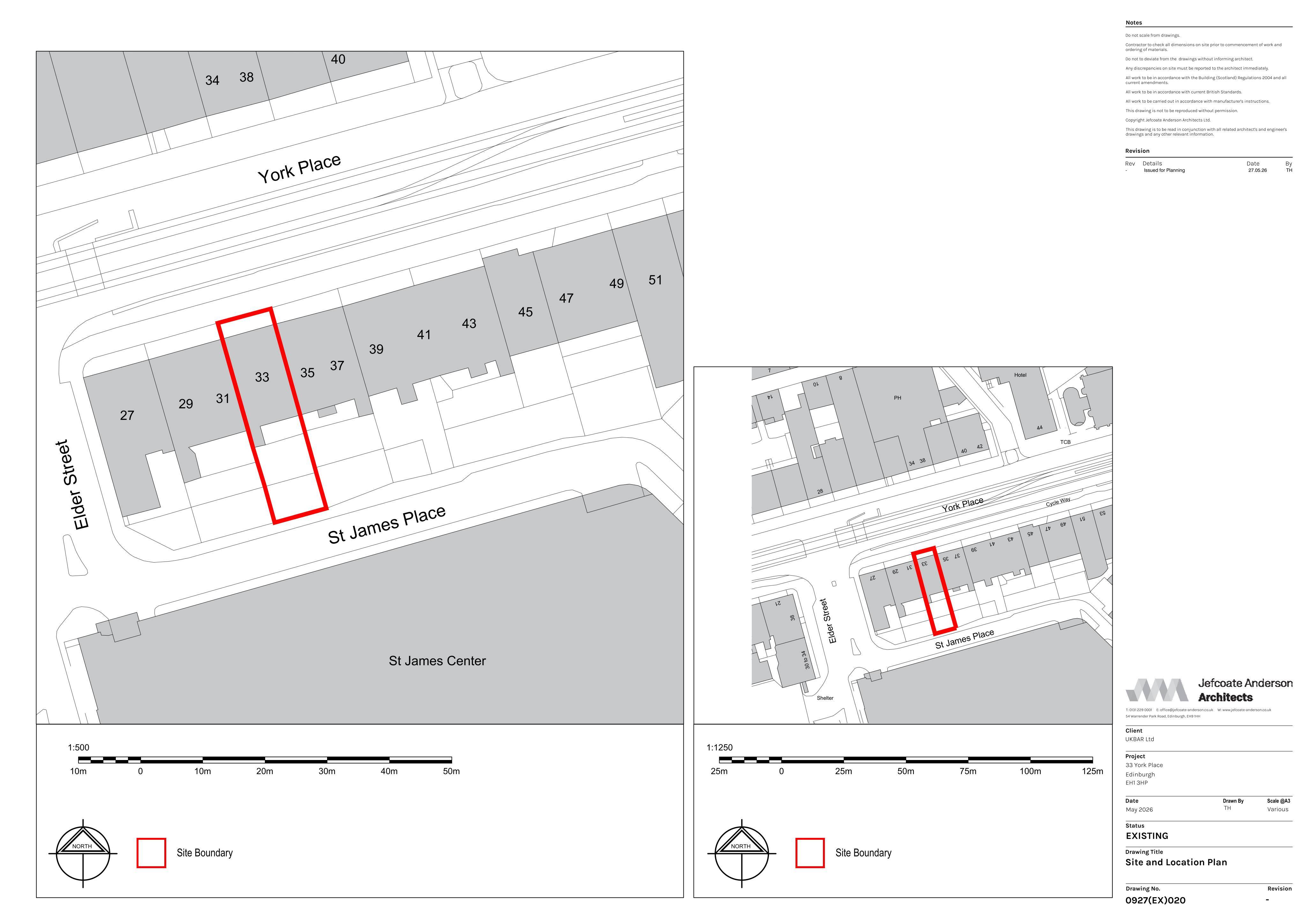 Planning document preview for application 26/02273/LBC, at 33 York Place Edinburgh EH1 3HP, showing 01 - LOCATION PLAN + SITE PLAN, page 1