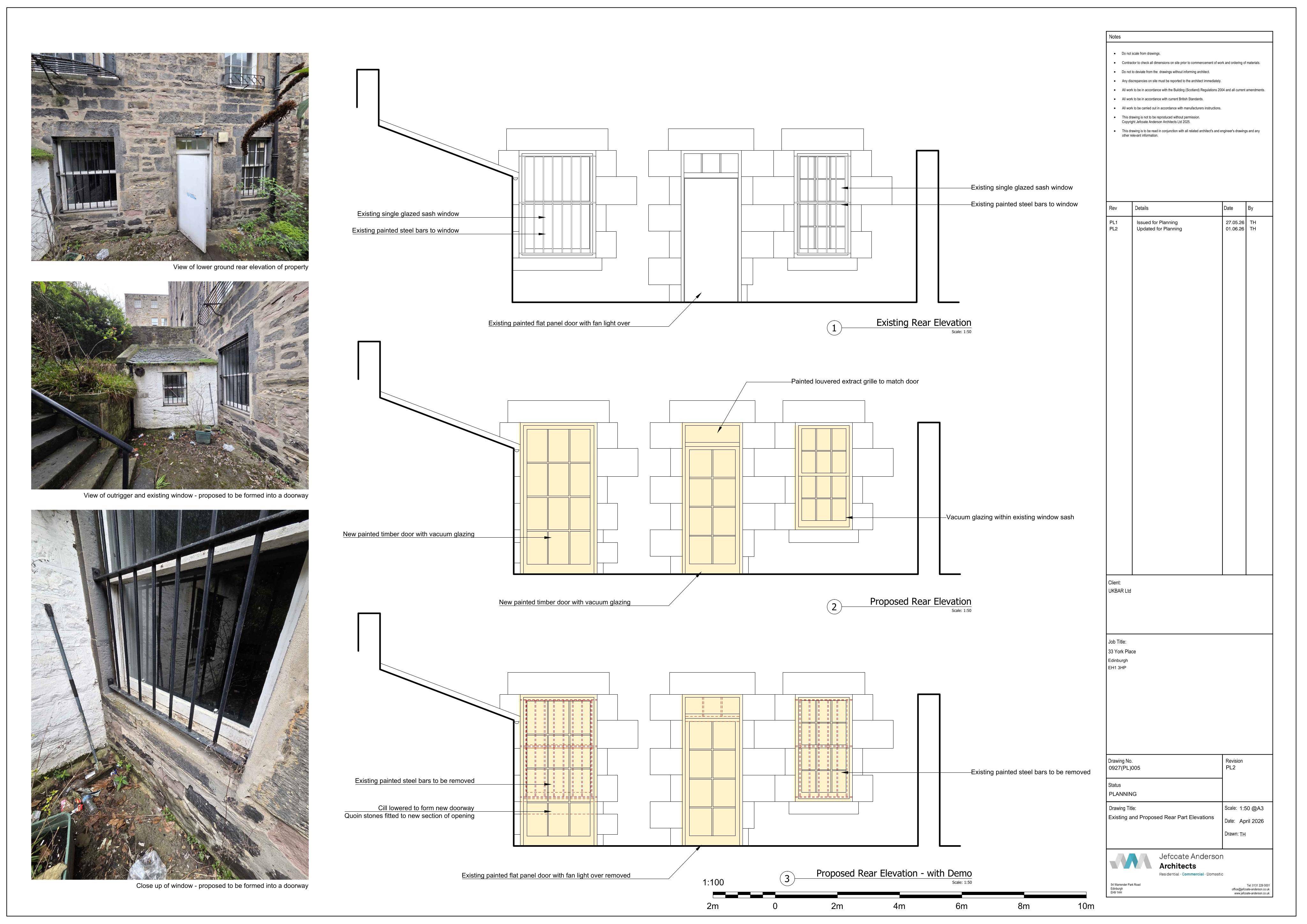 Planning document preview for application 26/02273/LBC, at 33 York Place Edinburgh EH1 3HP, showing 09 - EXISTING AND PROPOSED REAR PART ELEVATIONS, page 1