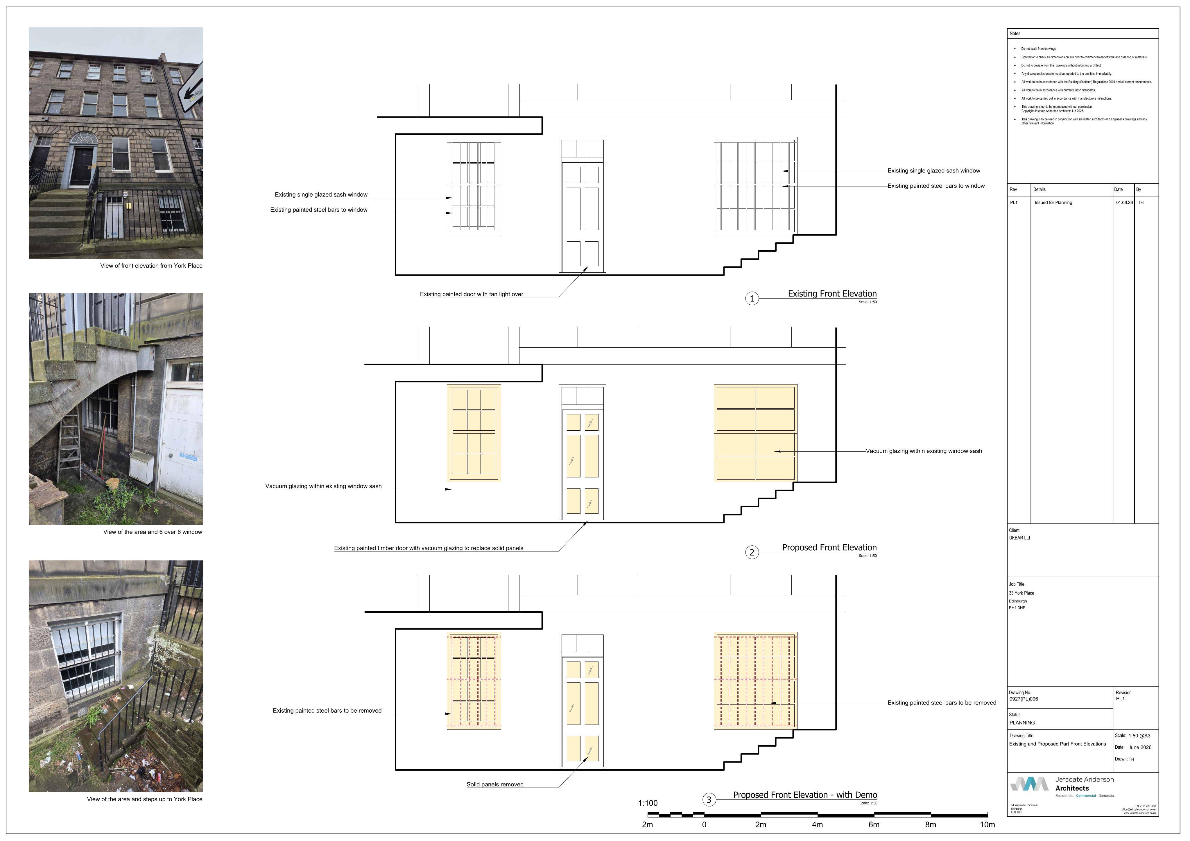 Planning document preview for application 26/02273/LBC, at 33 York Place Edinburgh EH1 3HP, showing 10 - EXISTING AND PROPOSED FRONT PART ELEVATIONS, page 1