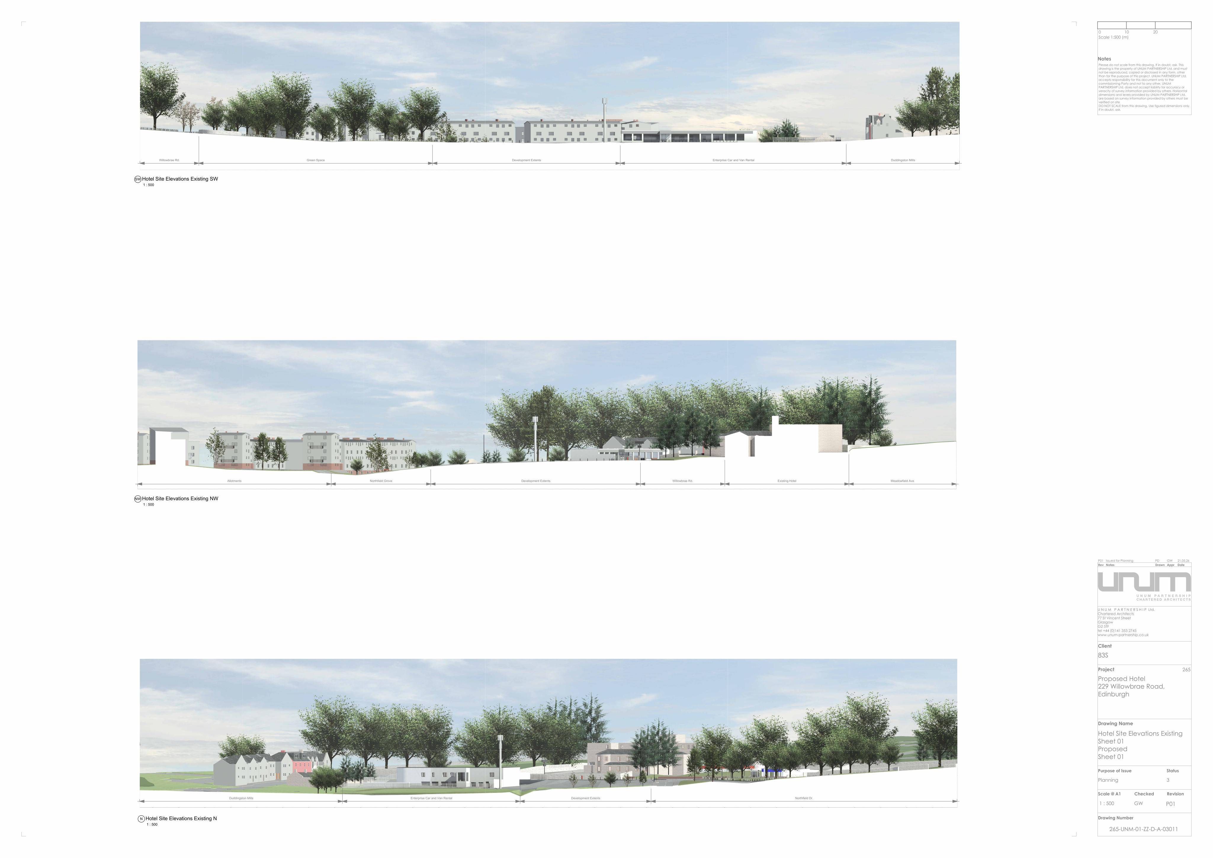 Planning document preview for application 26/02294/FUL, at 229 Willowbrae Road Edinburgh EH8 7ND, showing (09) SITE ELEVATIONS EXISTING SHEET 01, page 1