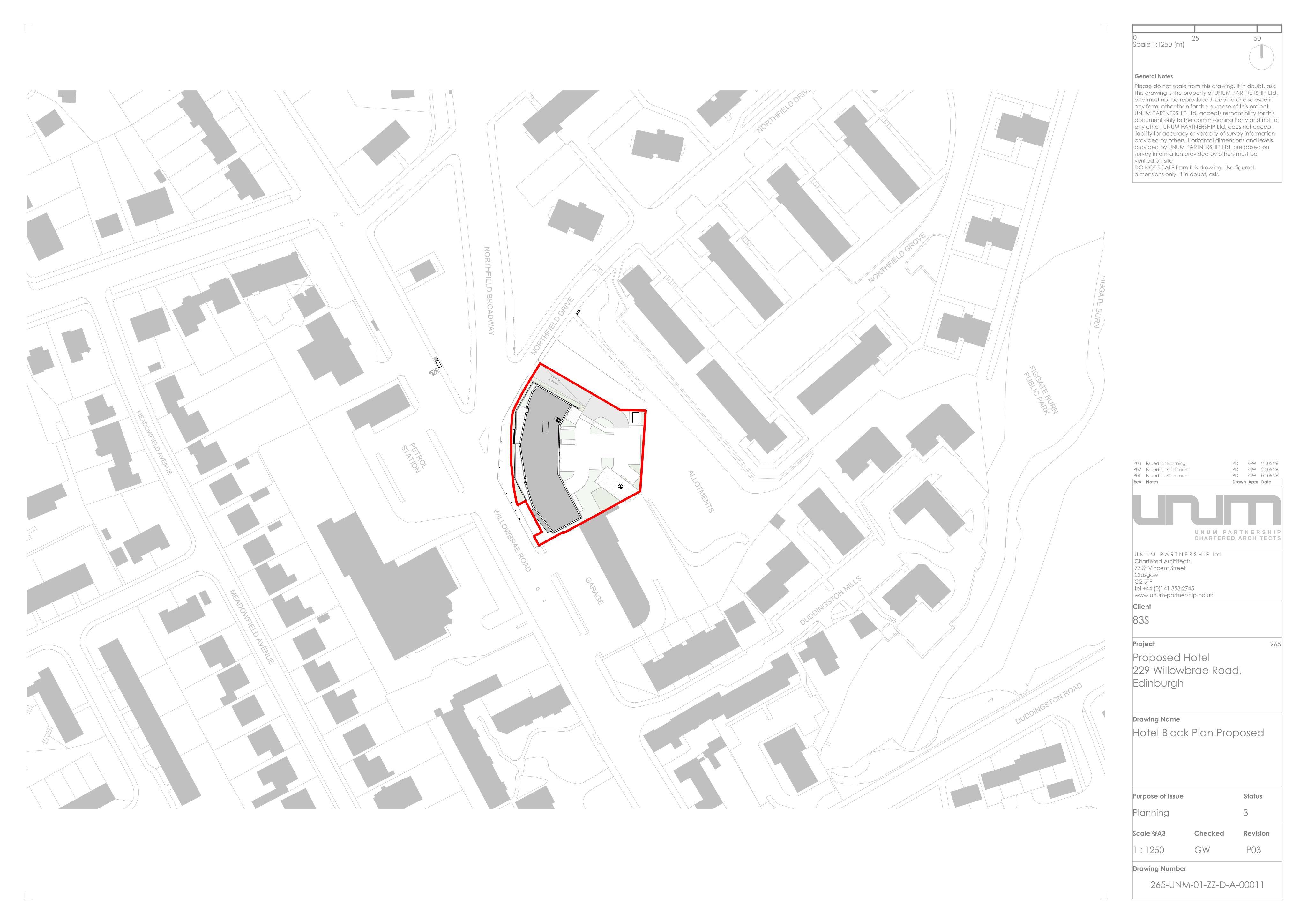 Planning document preview for application 26/02294/FUL, at 229 Willowbrae Road Edinburgh EH8 7ND, showing (03) BLOCK PLAN PROPOSED, page 1