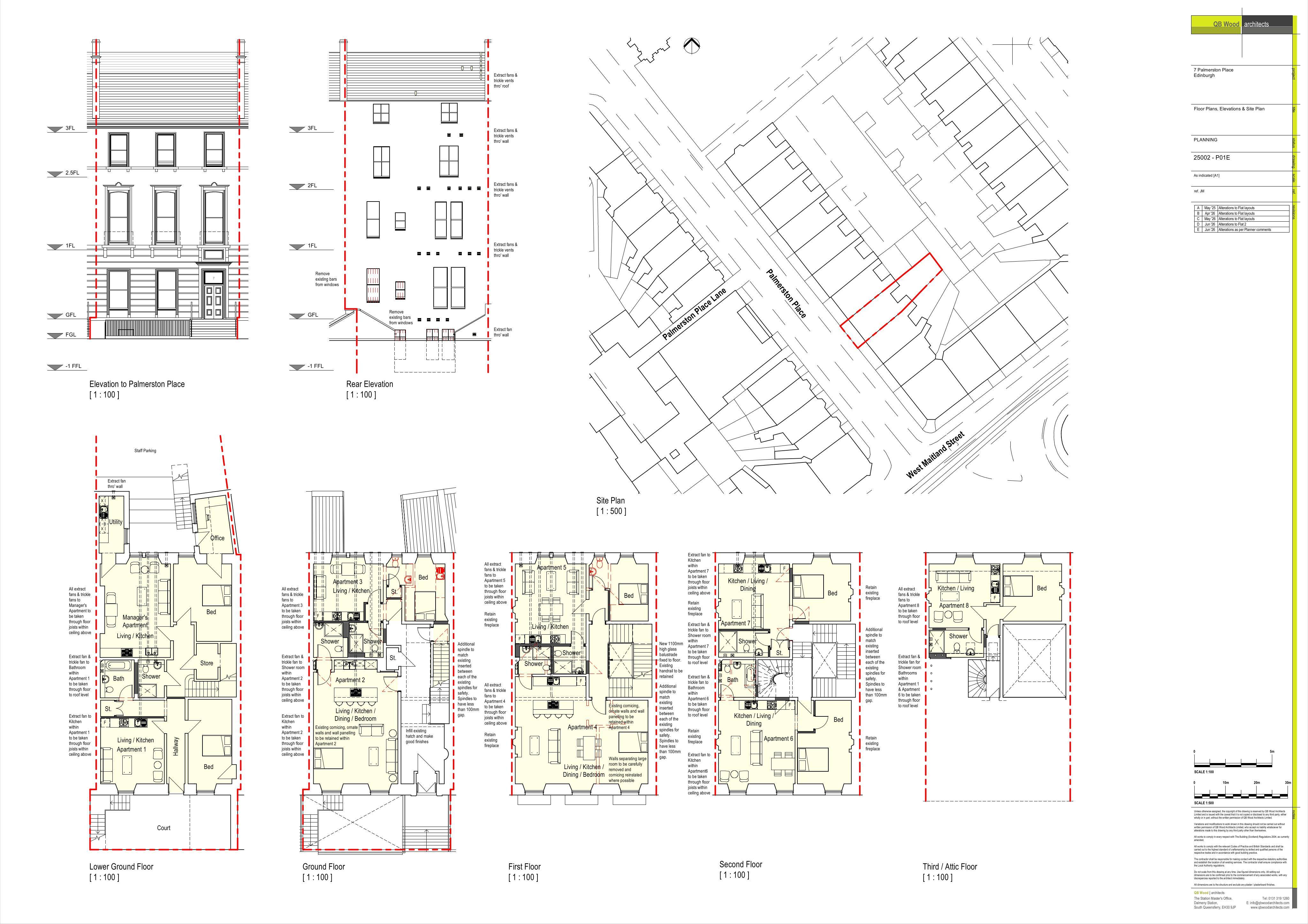 Planning document preview for application 26/02349/LBC, at 7 Palmerston Place Edinburgh EH12 5AH, showing 03 - PROPOSED FLOOR PLANS; ELEVATIONS AND SITE PLAN, page 1