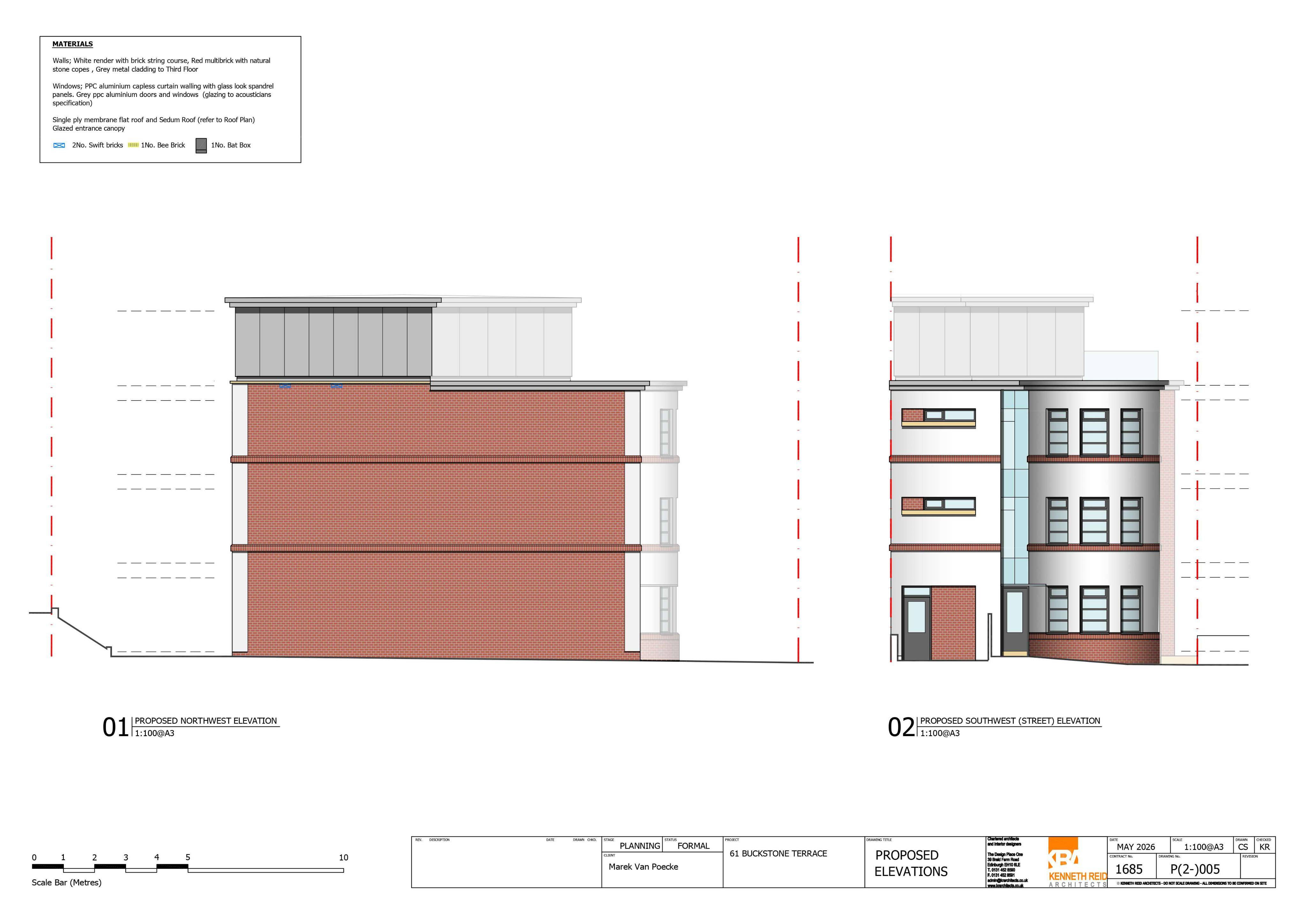 Planning document preview for application 26/02374/FUL, at 61 Buckstone Terrace Edinburgh, showing 06 - PROPOSED NORTH WEST + SOUTH WEST ELEVATIONS, page 1