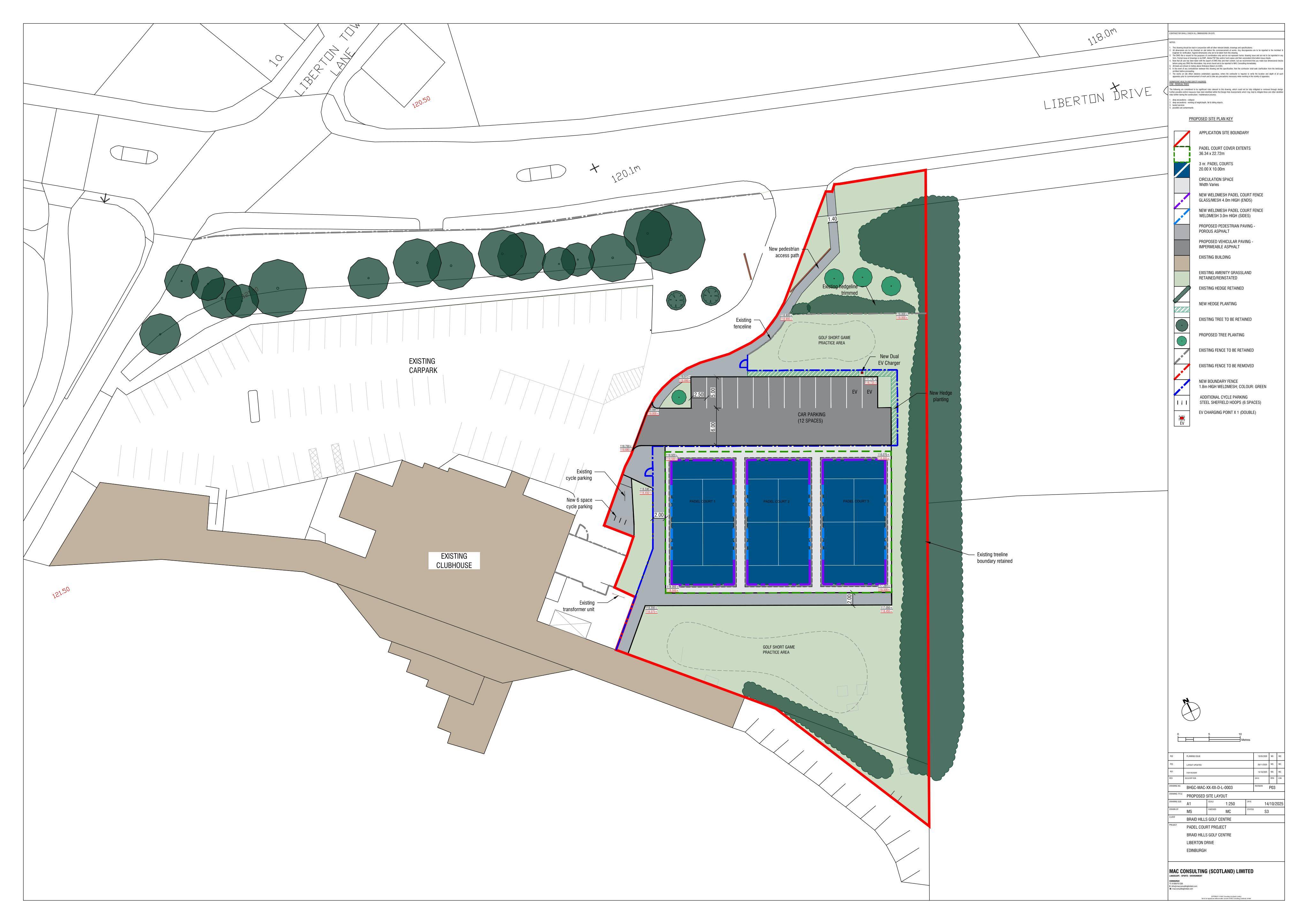 Planning document preview for application 26/02521/FUL, at Braid Hills Golf Centre 91 Liberton Drive Edinburgh EH16 6NS, showing (04) PROPOSED SITE PLAN, page 1