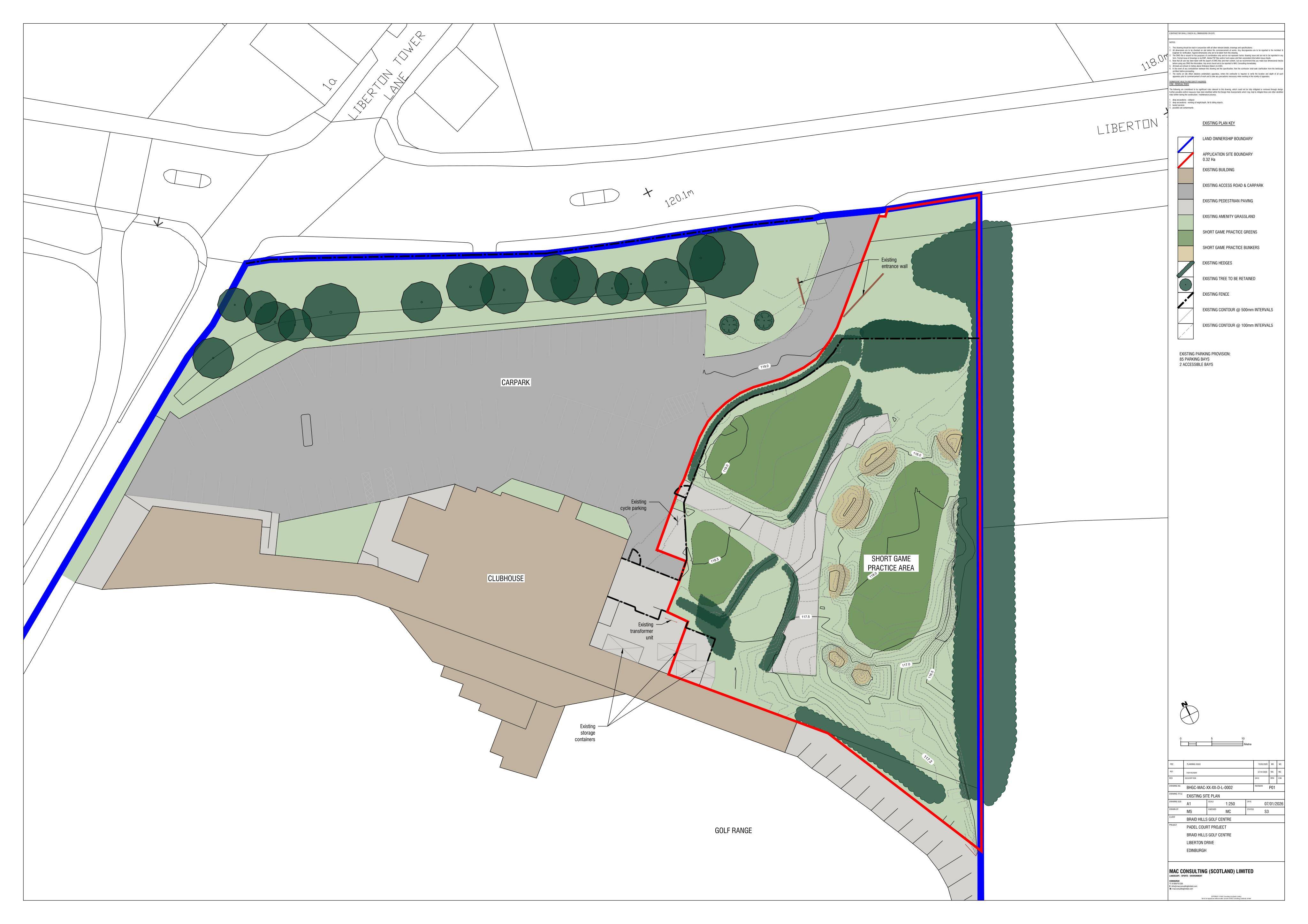 Planning document preview for application 26/02521/FUL, at Braid Hills Golf Centre 91 Liberton Drive Edinburgh EH16 6NS, showing (02) EXISTING SITE PLAN, page 1