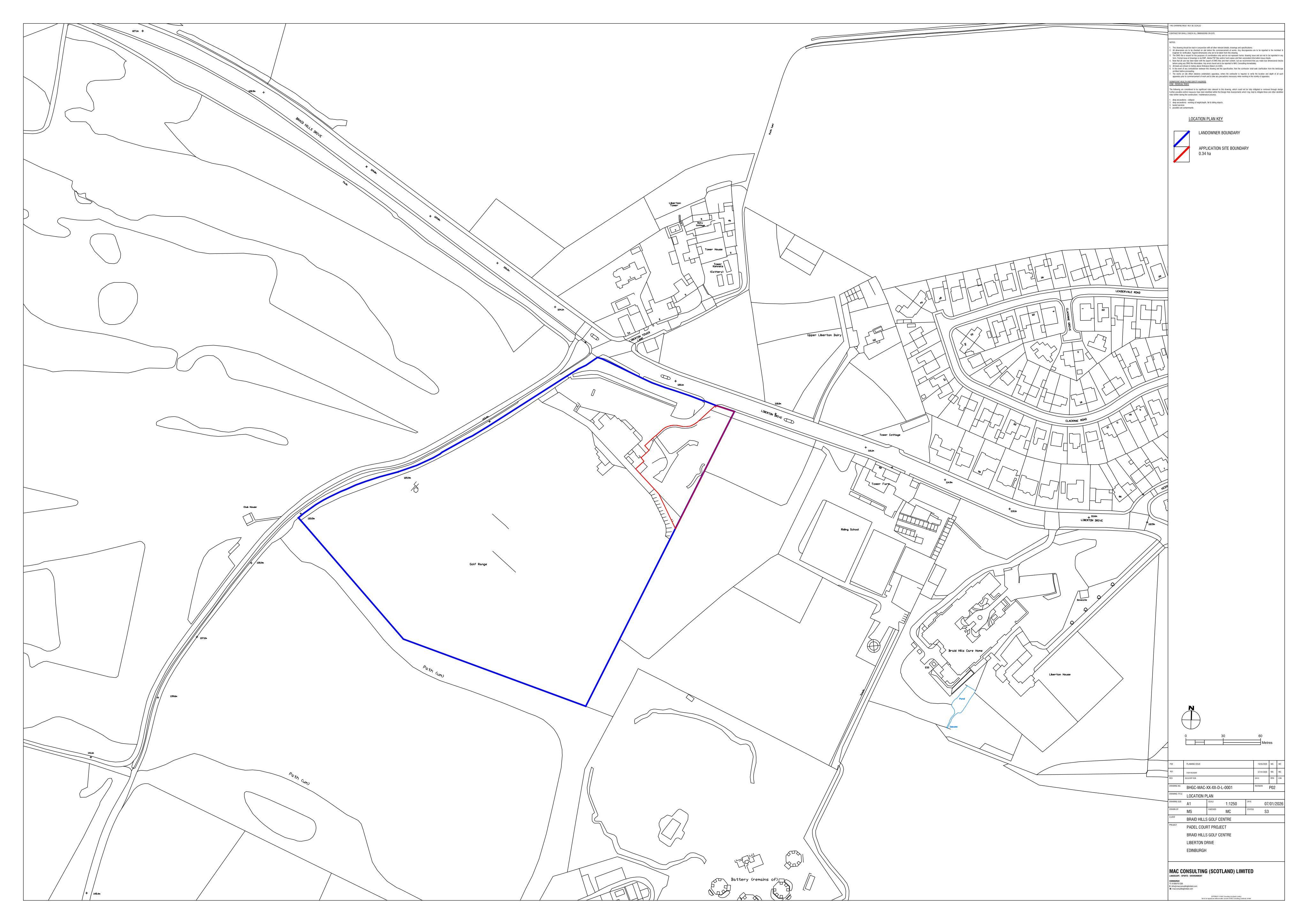 Planning document preview for application 26/02521/FUL, at Braid Hills Golf Centre 91 Liberton Drive Edinburgh EH16 6NS, showing (01) LOCATION PLAN, page 1