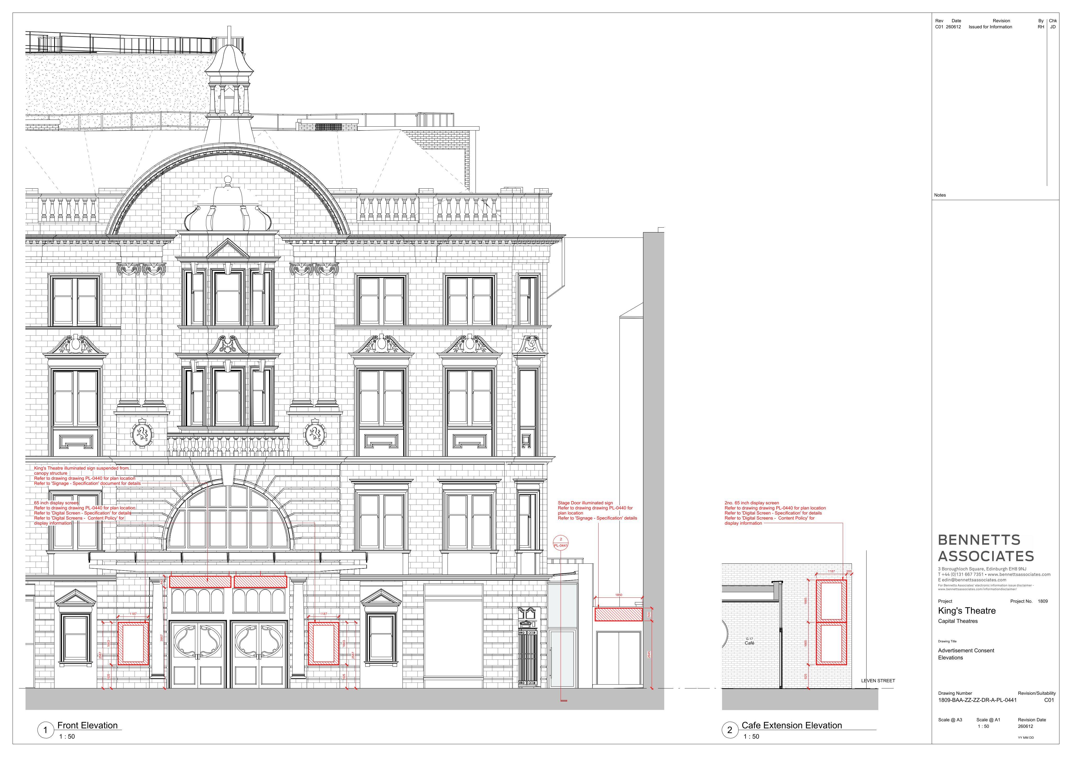Planning document preview for application 26/02522/ADV, at Kings Theatre 2 Leven Street Edinburgh EH3 9LQ, showing 03-ADVERTISEMENT CONSENT - ELEVATIONS, page 1