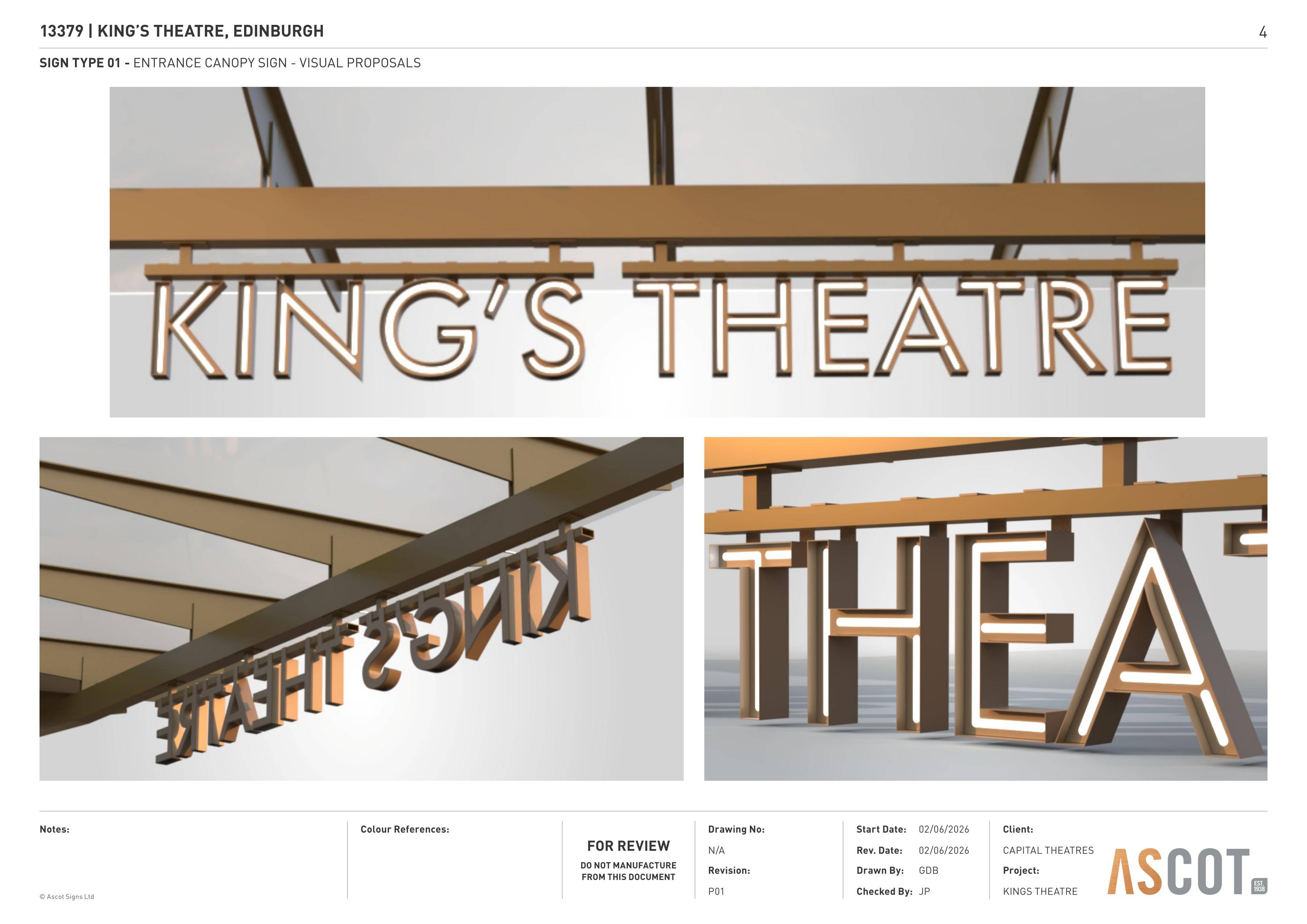Planning document preview for application 26/02523/LBC, at Kings Theatre 2 Leven Street Edinburgh EH3 9LQ, showing (06) ENTRANCE CANOPY SIGN - VISUAL PROPOSALS, page 1