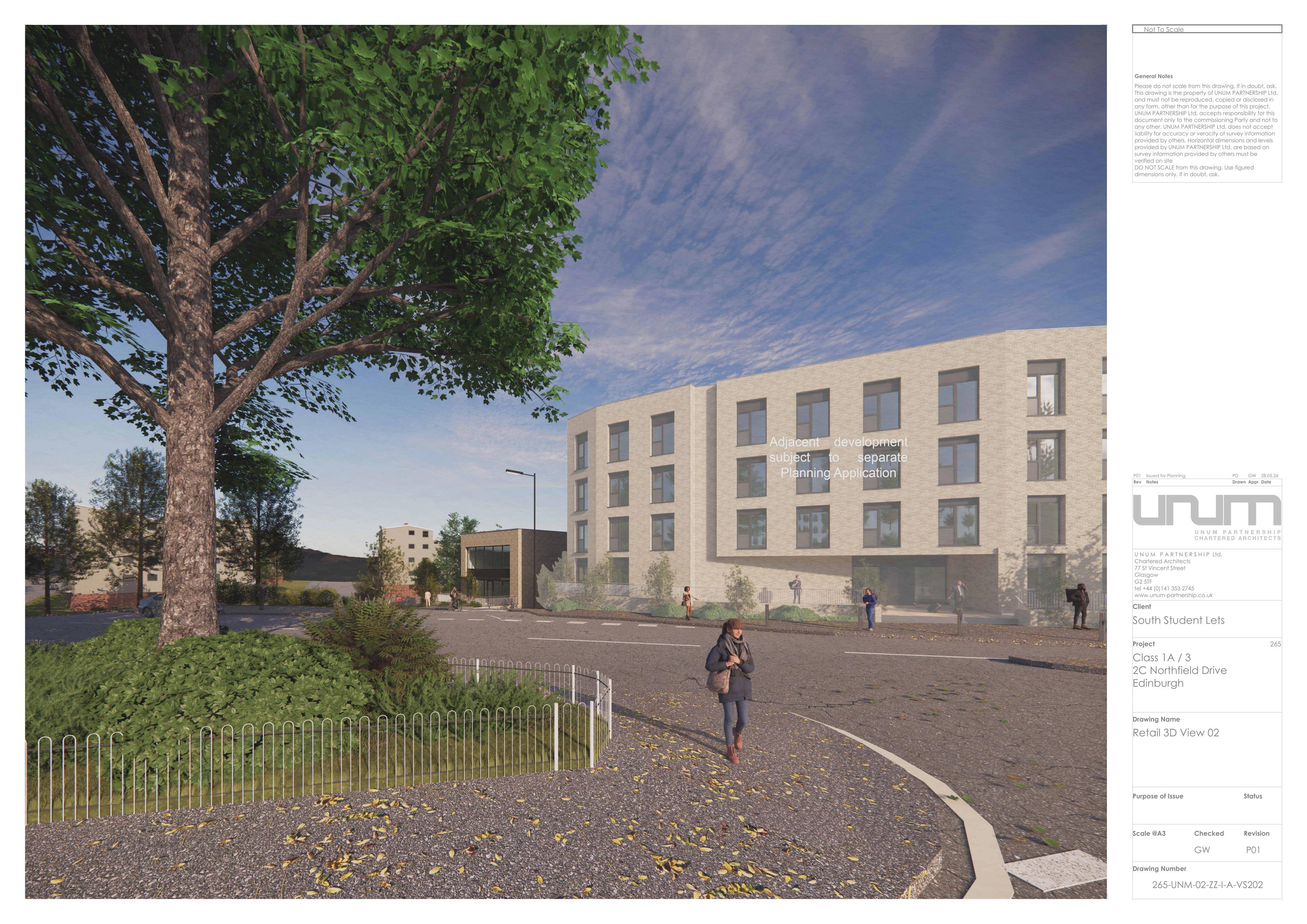 Planning document preview for application 26/02544/FUL, at 2C Northfield Drive Edinburgh, showing 3D VIEW 02, page 1